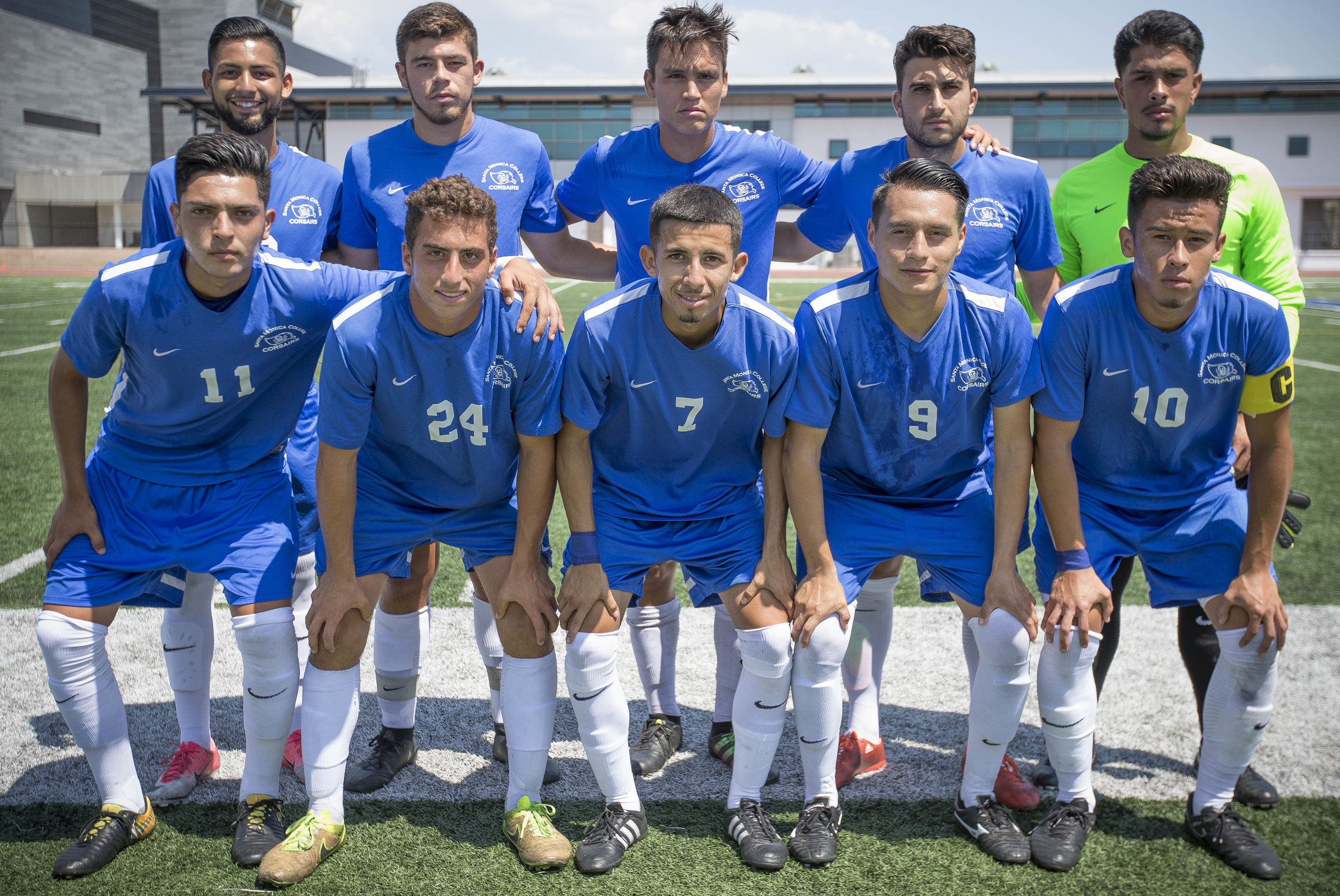  The starting players for Santa Monica College Corsairs mens soccer team posing for a photo before play against the El Camino College Warriors, Friday, September 1st, 2017, at the Sana Monica College Main Campus field in Santa Monica, CA. The Corsair