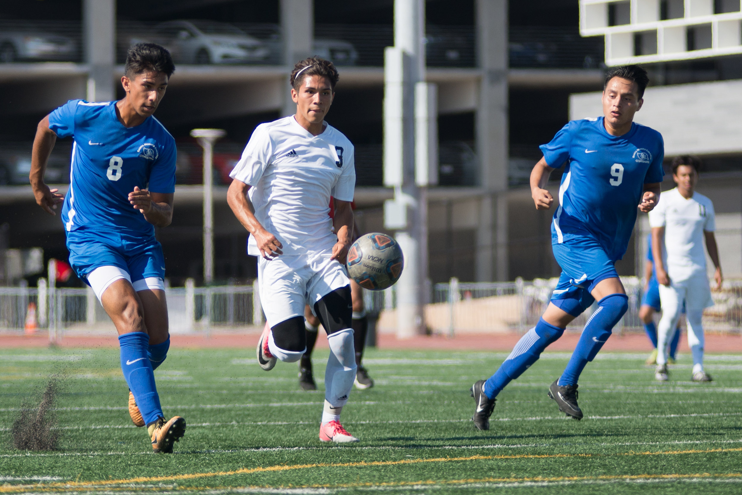  Santa Monica College Corsair Andy Naidu (8) (L) kicks and scores a goal against Citrus College Owls on Tuesday September 26, 2017 on the Corsair Field at Santa Monica College in Santa Monica, California. The Corsairs tied the game 1-1. (Josue Martin
