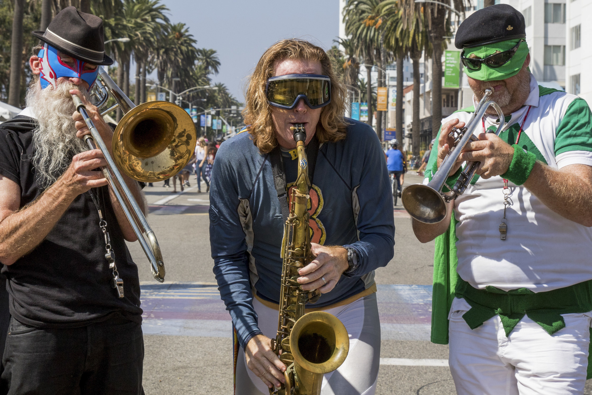  Members of the Superbroke Brass and Tin and Strings Marching Band Ensemble perform on Ocean Avenue in Downtown Santa Monica as part of the City of Santa Monica's Open Streets Festival (COAST) which took place on October 1, 2017 (Photo By: Zane Meyer