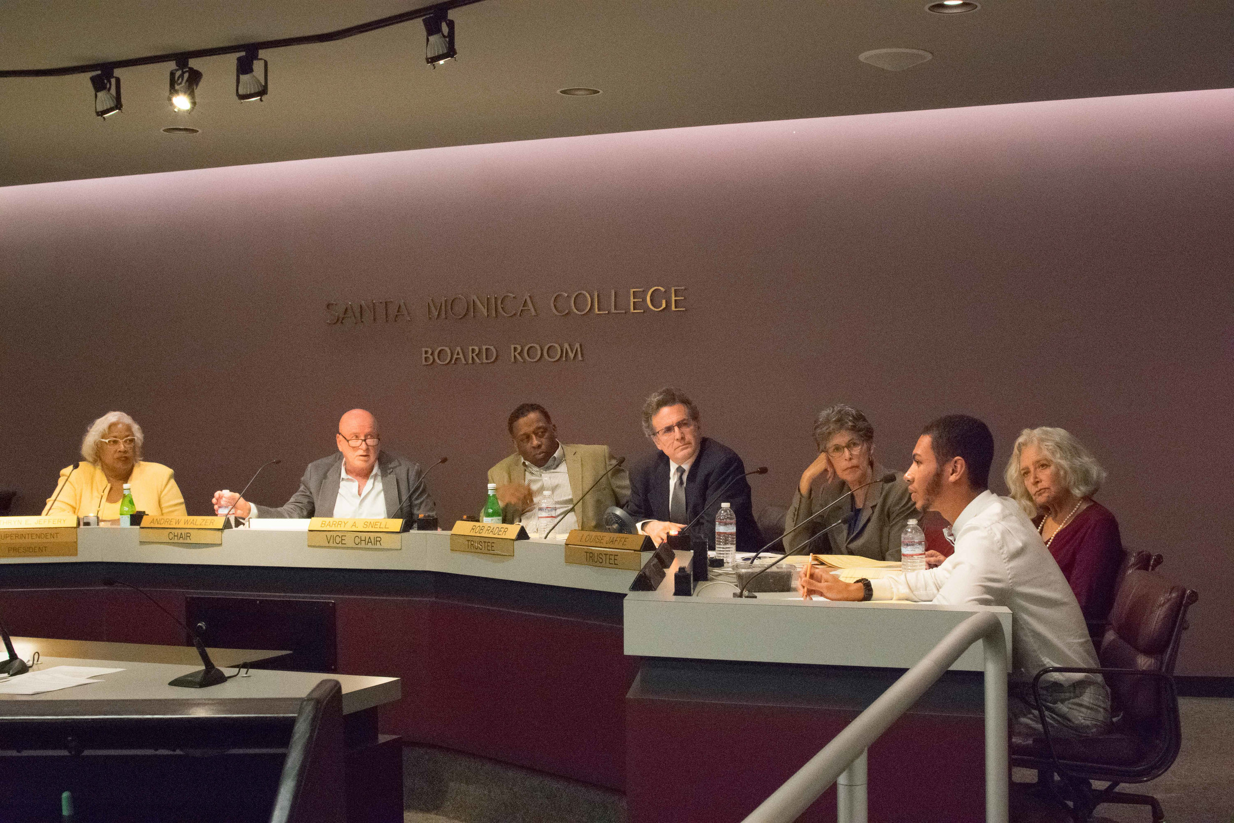  The Board of Trustees for Santa Monica College come together for their monthly meeting on October 3, 2017, at Santa Monica College in Santa Monica, Calif.Student Trustee Chase Matthews, (far right) brings up a discussion on raising the minimum wage 