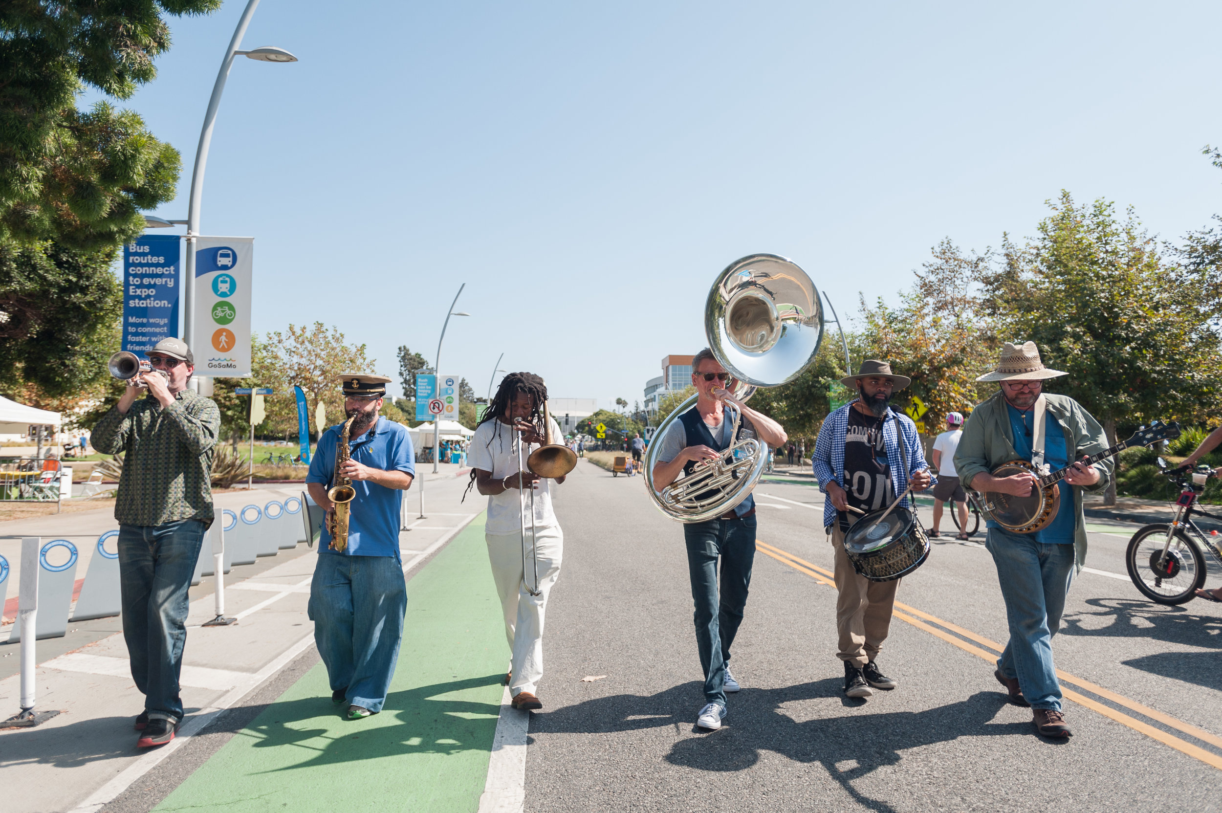  A group of musicians formed a small marching band to play music through the closed streets of Santa Monica during COAST and paraded along mainstreet playing songs. The second ever COAST was held in Santa Monica, Calif.. (Photo by: Justin Han/Corsair