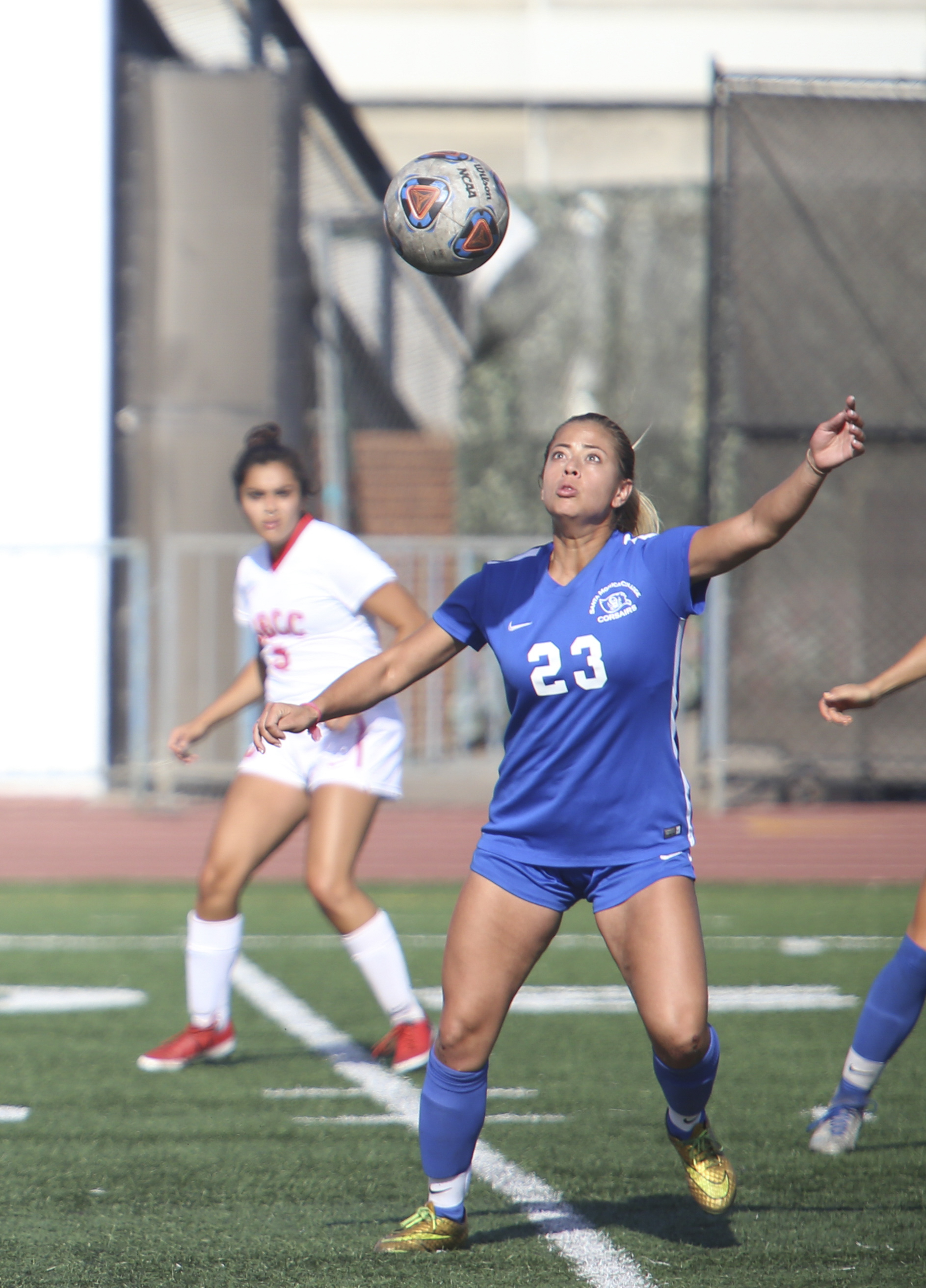  Daysi Serrano (23) prepares to headbutt the ball during the soccer game between the Santa Monica College Corsairs and Santa Barbara City College Vaqueros at the Corsair Stadium at Santa Monica College's Main Campus in Santa Monica, Calif on Tuesday,
