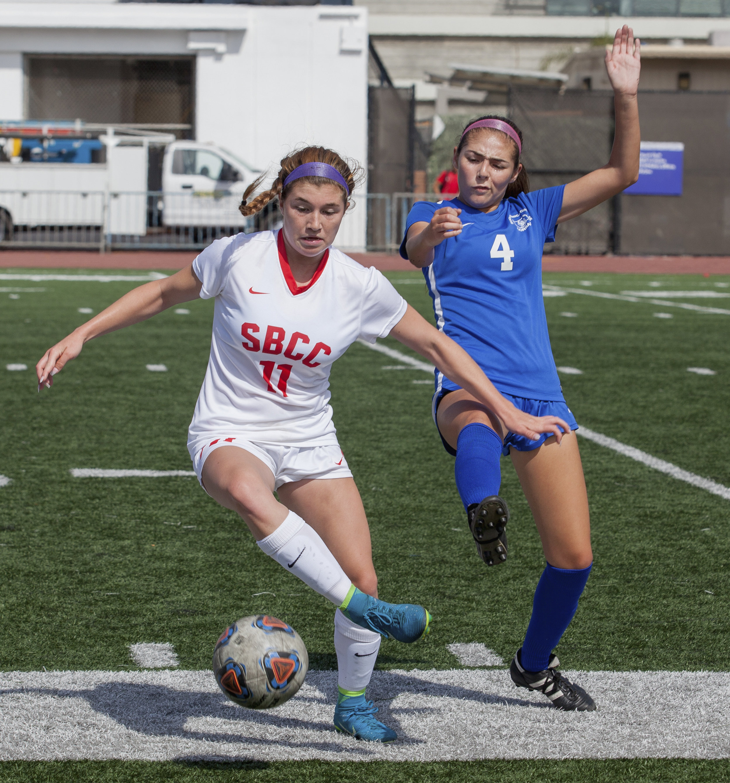  Santa Monica Corsair Antoinette Saldana (6)(right) fights for possession of the ball against Santa Barbara Vaqueros Amber Mulligan (13)(left) during a match on the Corsair Field at Field at Santa Monica College, Calif. on October 3rd, 2017. The Cors