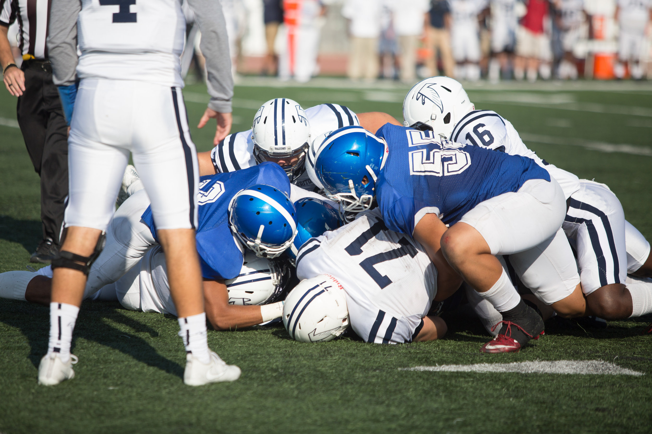  Players of both Santa Monica College and Cerritos college attempt to keep ball. The Santa Monica College Corsairs lose the game 7-31 against Cerritos Falcons on Saturday, October 14th, 2017 at the Corsair Stadium at Santa Monica College in Santa Mon