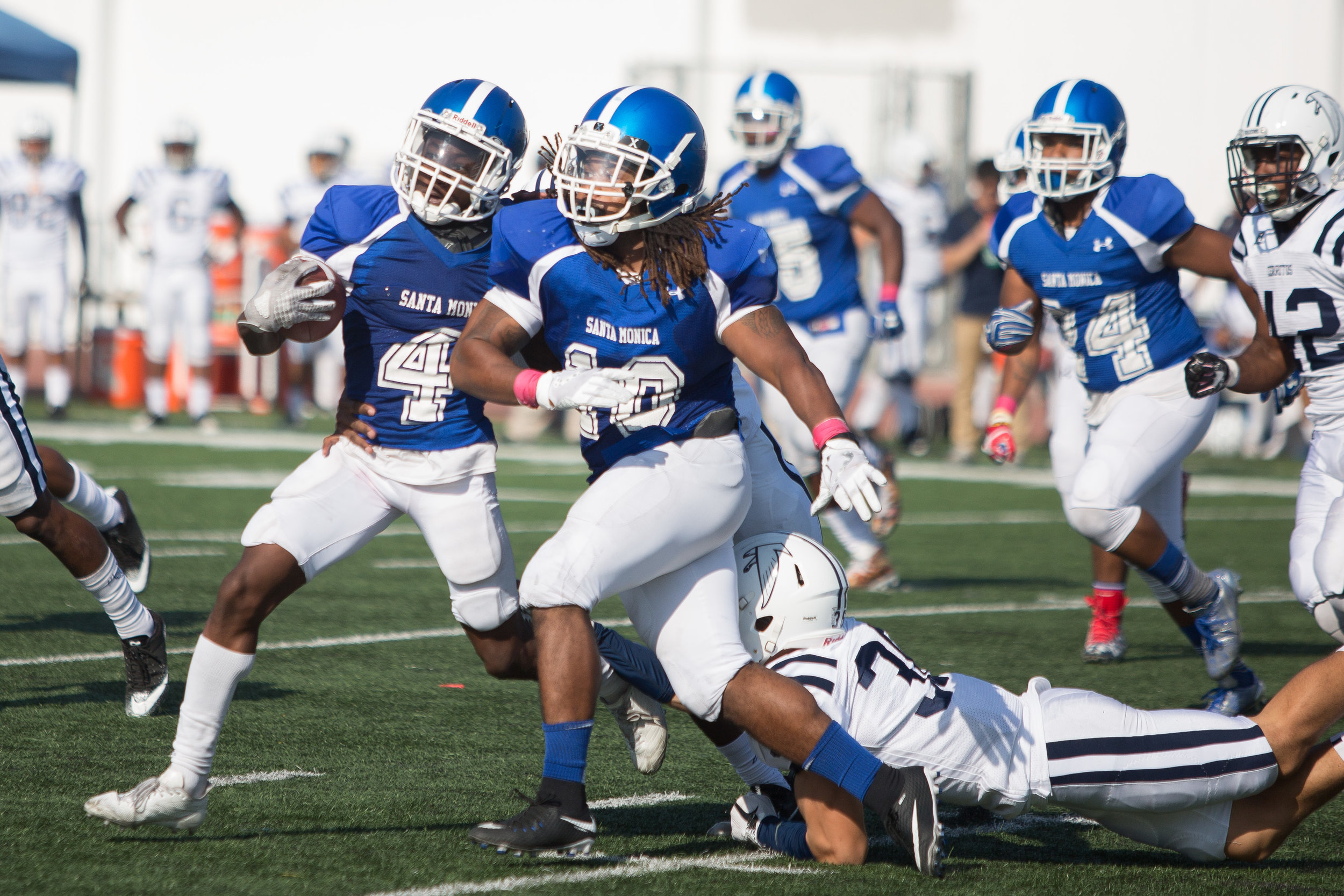  Wide receiver Christian Franklin (4) of Santa Monica College runs away from player of Cerritos College. The Santa Monica College Corsairs lose the game 7-31 against Cerritos Falcons on Saturday, October 14th, 2017 at the Corsair Stadium at Santa Mon