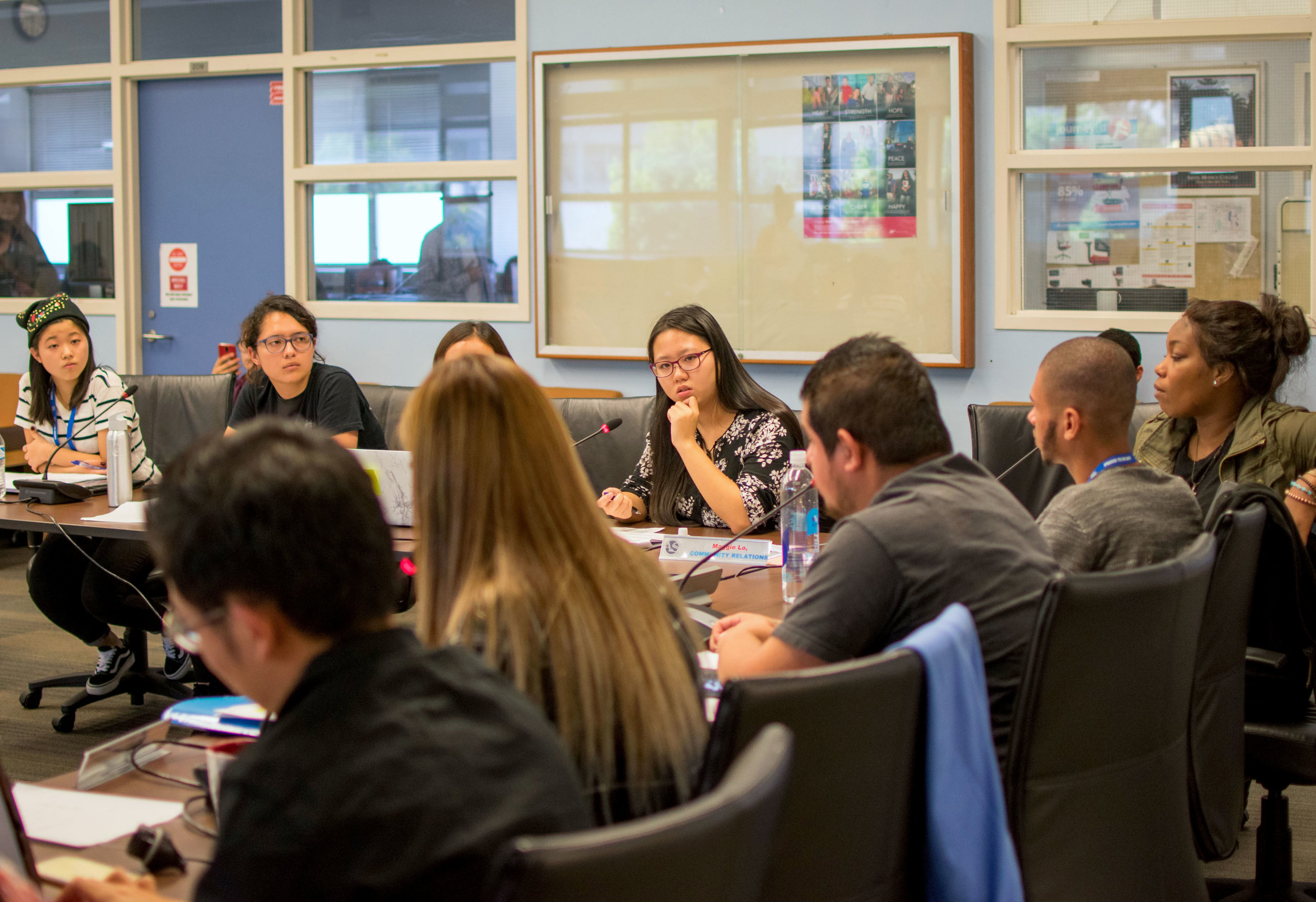  On October 9th, Maggie Lo, the Director of Community Relations for the Associated Students of Santa Monica College talks with the rest of the board about her plans for International Education Week. The A.S. hold weekly board meetings at 3 p.m. at th