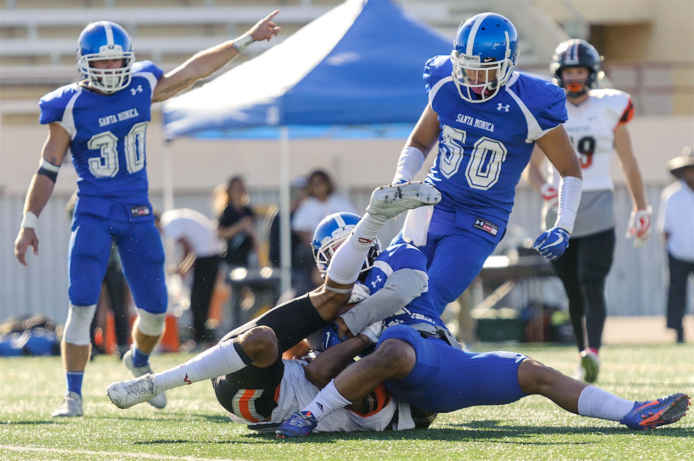  The Corsair defense intercepts a pass at the endzone, preventing a touchdown for Ventura College. The Santa Monica College Corsairs lose to the Ventura College Pirates 0-55. The game was held at the Corsair Stadium at the Santa Monica College Main C