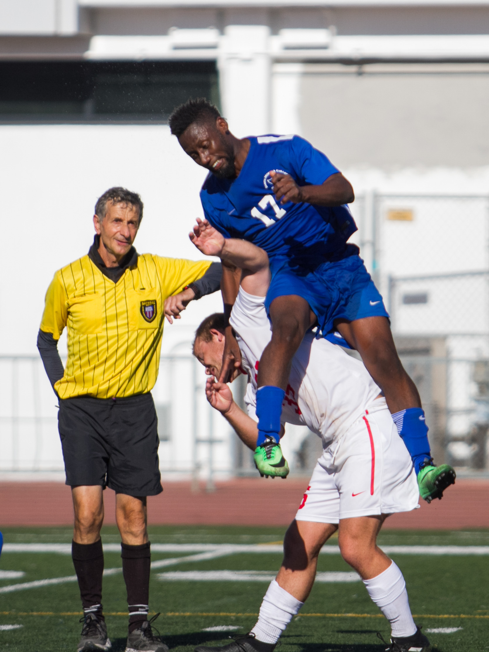  Santa Monica College Corsair Cyrille Njomo (17)(R) fights for possession of the ball  against Santa Barbara City College Vaquero Nathan Nundley (35)(L) on Tuesday, October 24, 2017, on the Corsair Field at Santa Monica College in Santa Monica, Calif