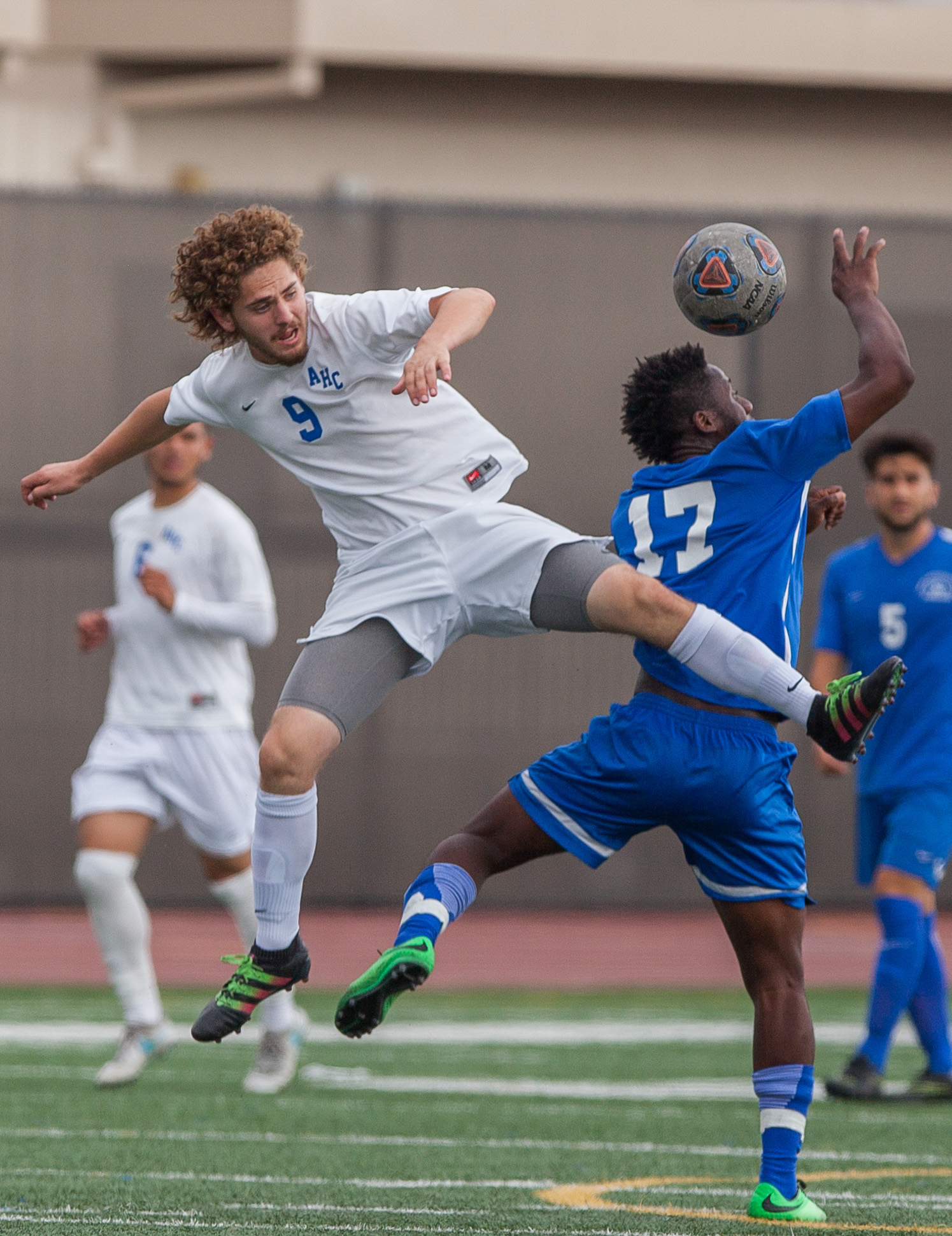  Cyrille Njomo (17) of the Santa Monica College jumps up to perform the ball. The game ended 1-1 resulting in a tie. The game was held at the Corsair Stadium at the Santa Monica College Main Campus in Santa Monica, California, on 31st of October, 201