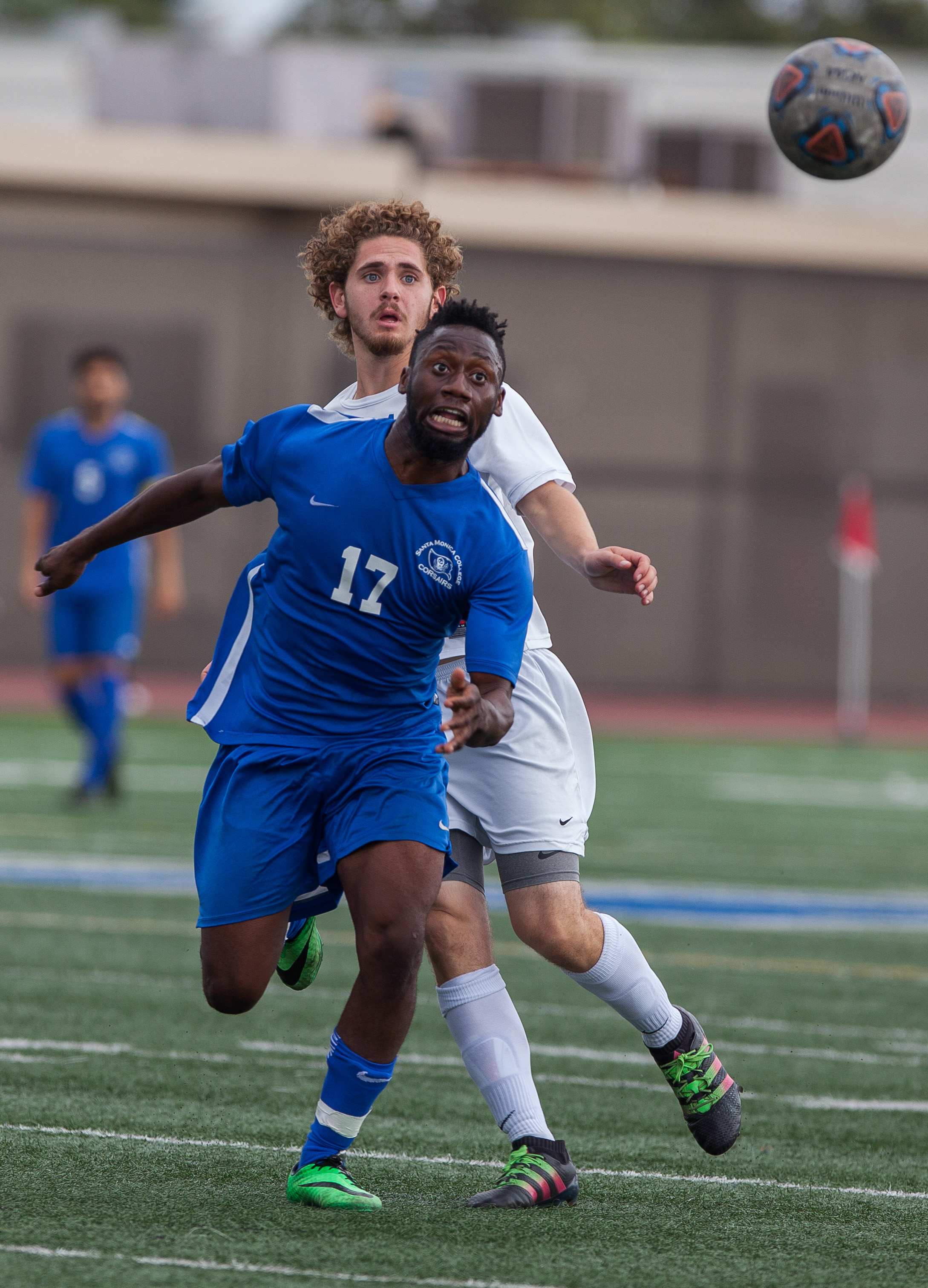  Cyrille Njomo (17) of the Santa Monica College try to catch the ball from Angel Gallo (9) of the Allan Hancock College. The game ended 1-1 resulting in a tie. The game was held at the Corsair Stadium at the Santa Monica College Main Campus in Santa 