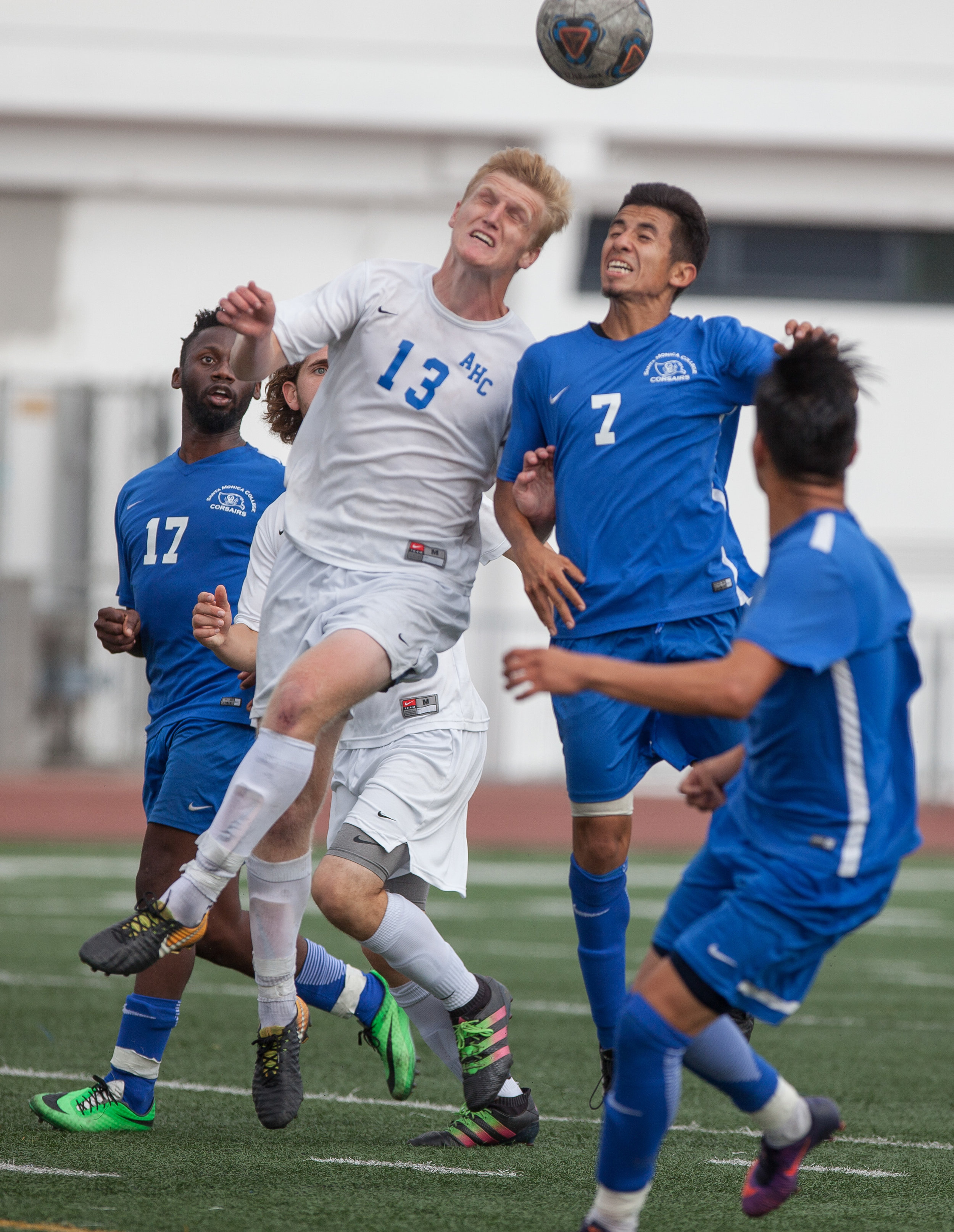  Kevin Martinez (7) of the Santa Monica College jumps up to perform the ball. The game ended 1-1 resulting in a tie. The game was held at the Corsair Stadium at the Santa Monica College Main Campus in Santa Monica, California, on 31st of October, 201