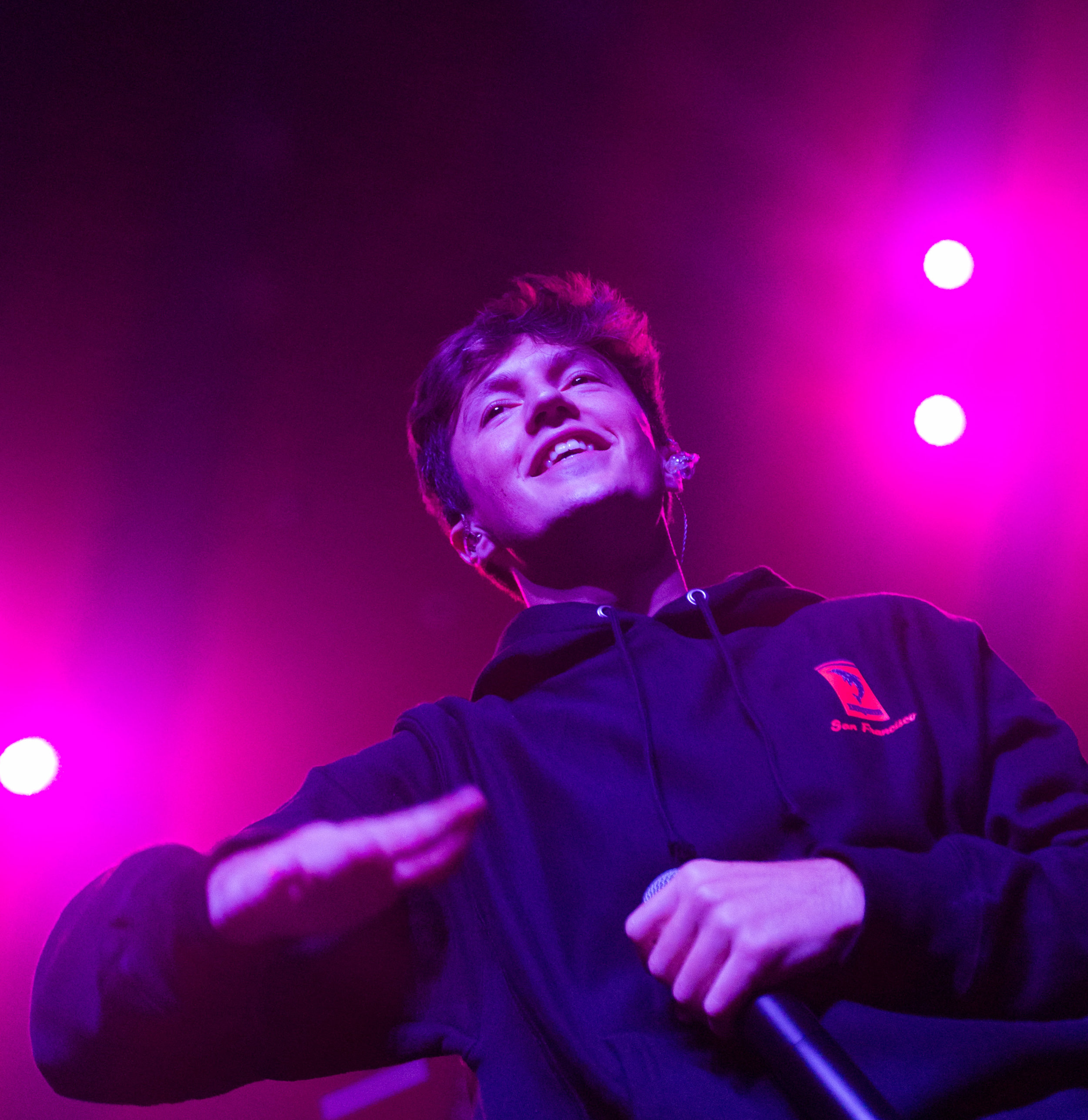  Rapper and singer Myles Parrish dances on stage to his song "Notification" as the opening act for Luke Christopher and Hoodie Allen during Hoodie Allen's "The Hype" tour named after his new album at The Fonda Theatre in Los Angeles, Calif on Monday,