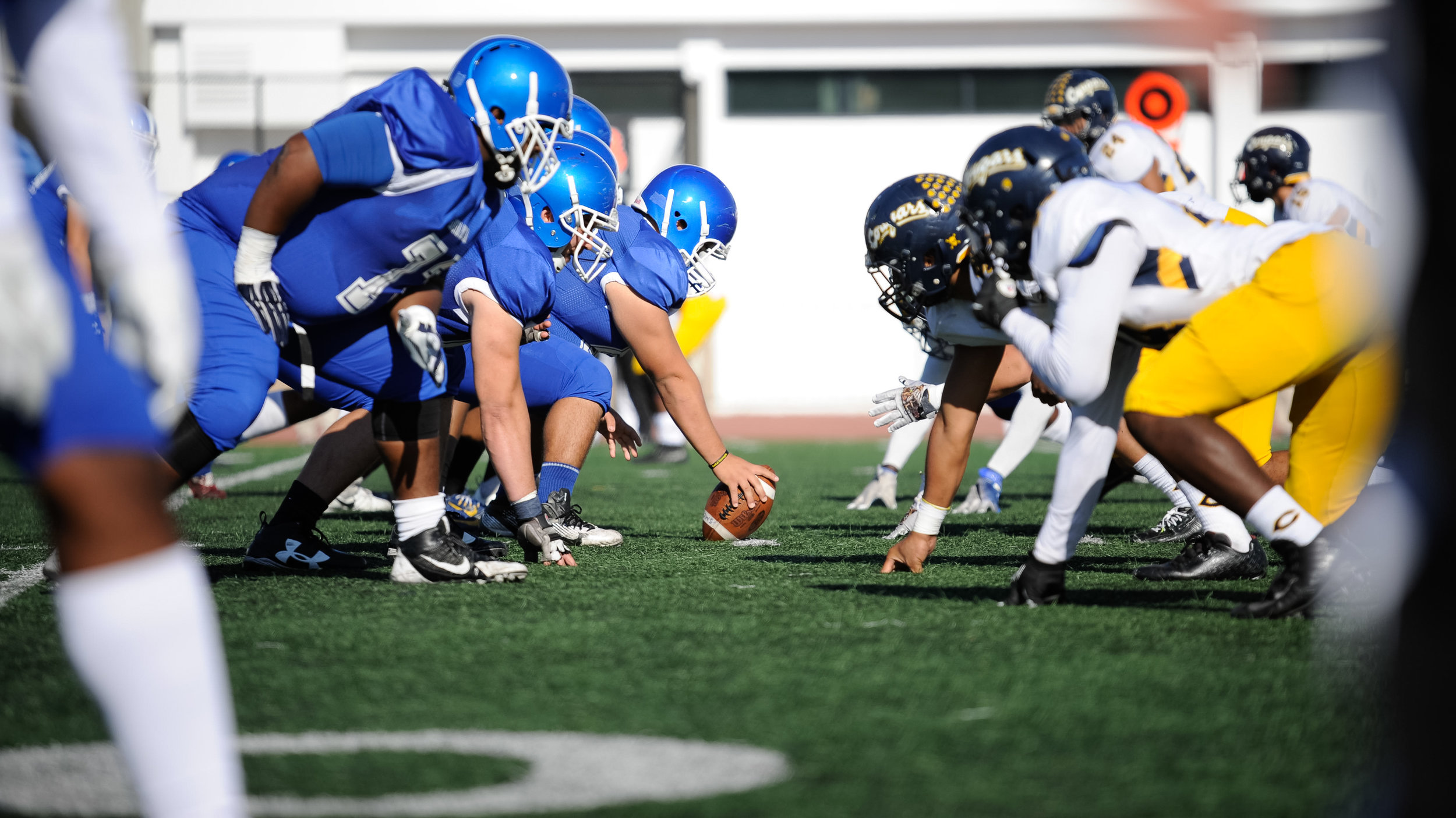  The Corsairs and the Cougars line up at the line of scrimmage waiting for the play to start. The Santa Monica College Corsairs lose their final home game 7-48 to the College of the Canyons Cougars and will play their final game of the season away at