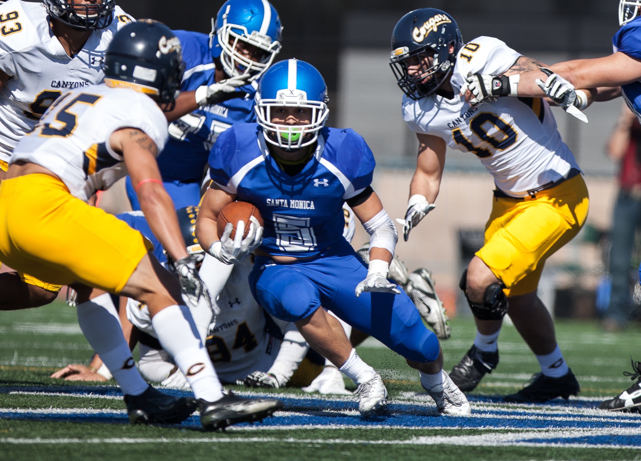  Christoph Hirota (5) of the Santa Monica College handles the ball.  College of the Canyons beat the Corsairs 48-7. The game was held at the Corsair Stadium at the Santa Monica College Main Campus in Santa Monica, California, on 4th of November, 2017