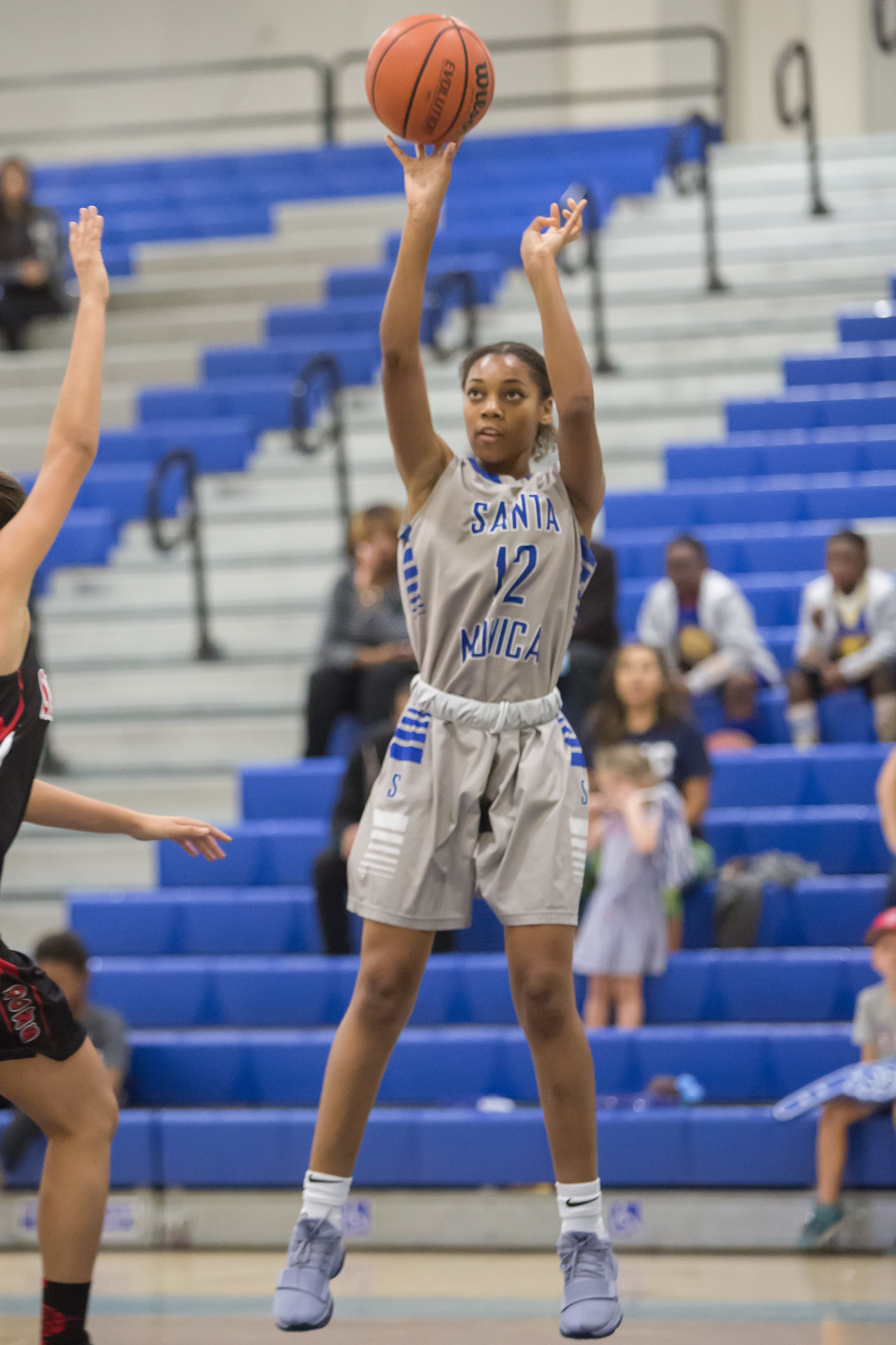  Forward Jazzmin Oddie (12) of Santa Monica College Corsairs shoots a three point attempt from the corner. Santa Monica College Corsairs win the game 63-54 against Santa Ana College. On Saturday, November 4th, 2017 at the SMC Pavilion on the Santa Mo