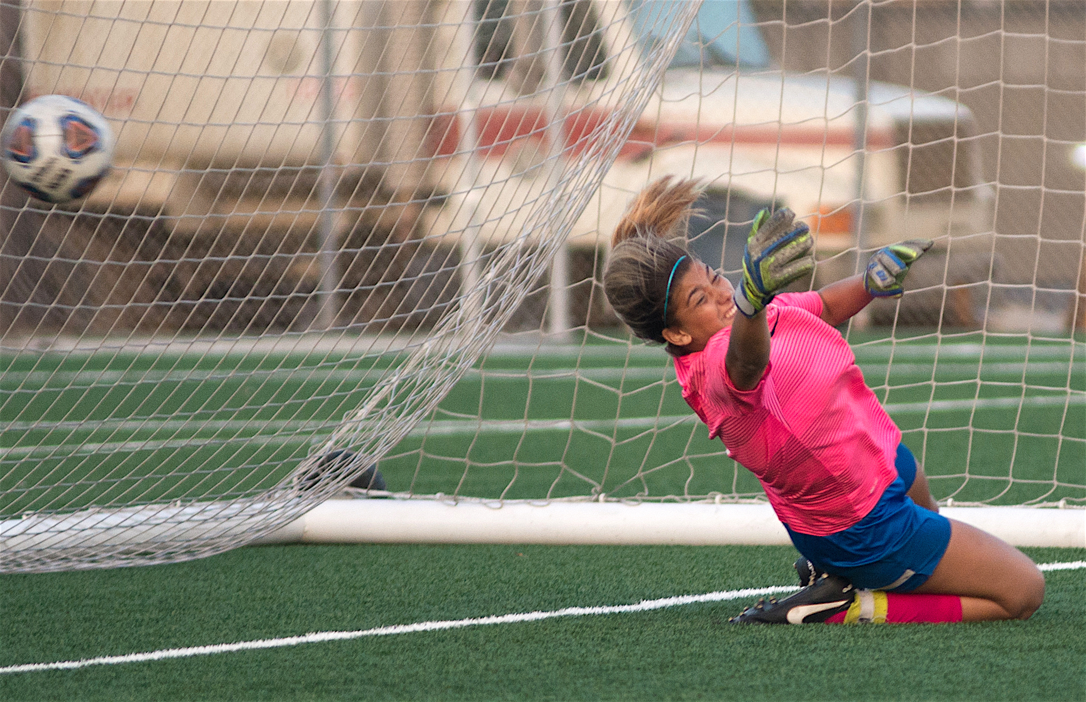 Santa Monica College Corsair Goalkeeper Emma Romero dives in an attempt to block the ball during the Penalty Shootout on Saturday, November 18, 2017, at Orange Coast College in Costa Mesa, California. The Corsairs lose 3-2 in penalty kicks. (Josue M