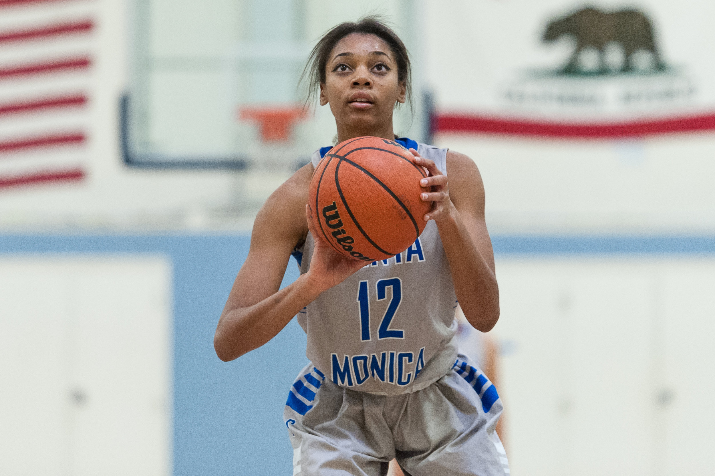  Forward Jazzmin Oddie (12) of Santa Monica College prepares to shoot a free throw after being fouled in the act of shooting. The Santa Monica College Corsairs lose the game 52-69 to the Moorpark College Raiders. The game was held at the SMC Pavilion