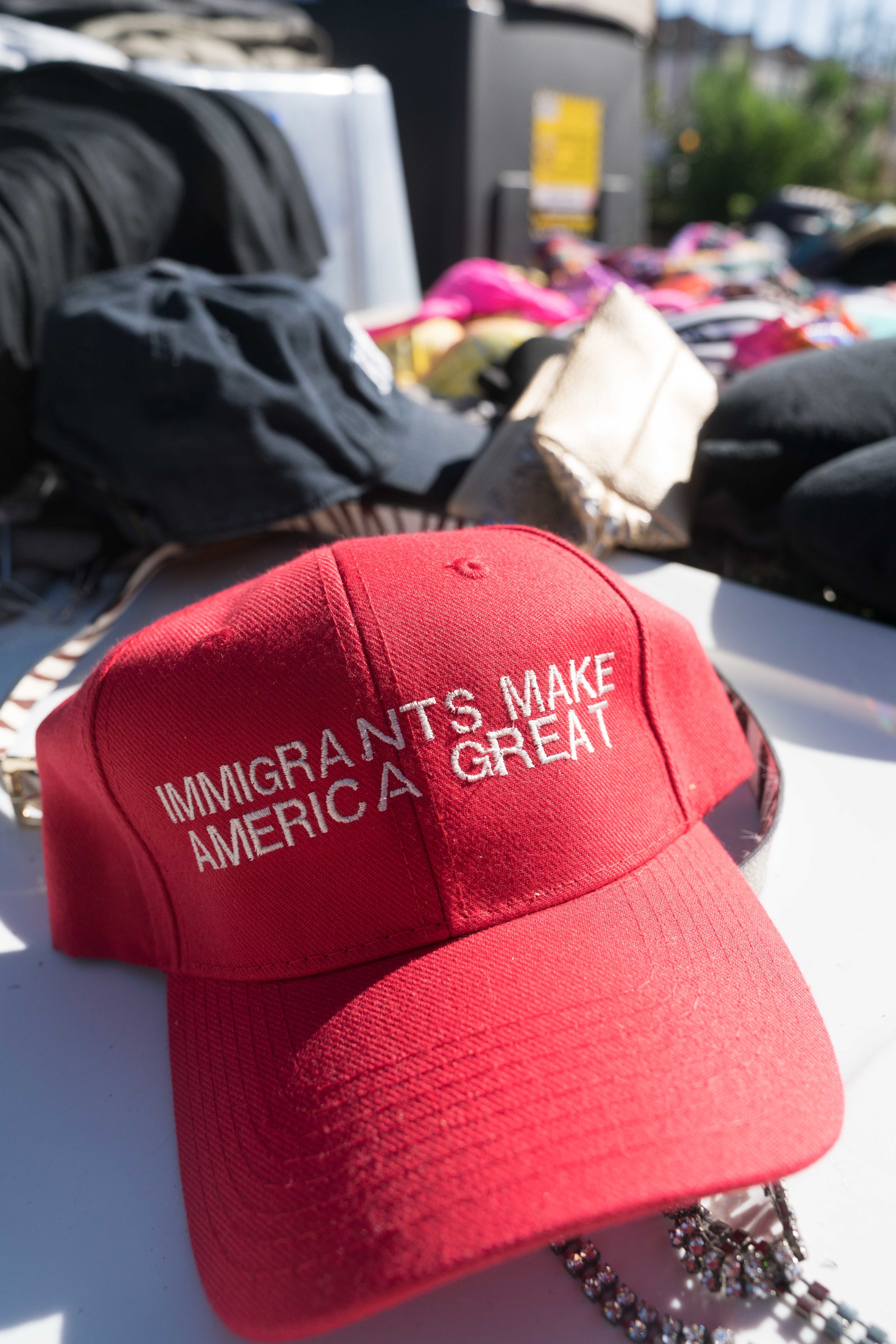  A hat for sale at a yard sale held by Santa Monica College student and DACA recipient and activist Salma Morales Aguilar in Los Angeles, Calif. on Saturday, October 21, 2017. Aguilar Morales held the yard sale to raise money to send to residents of 