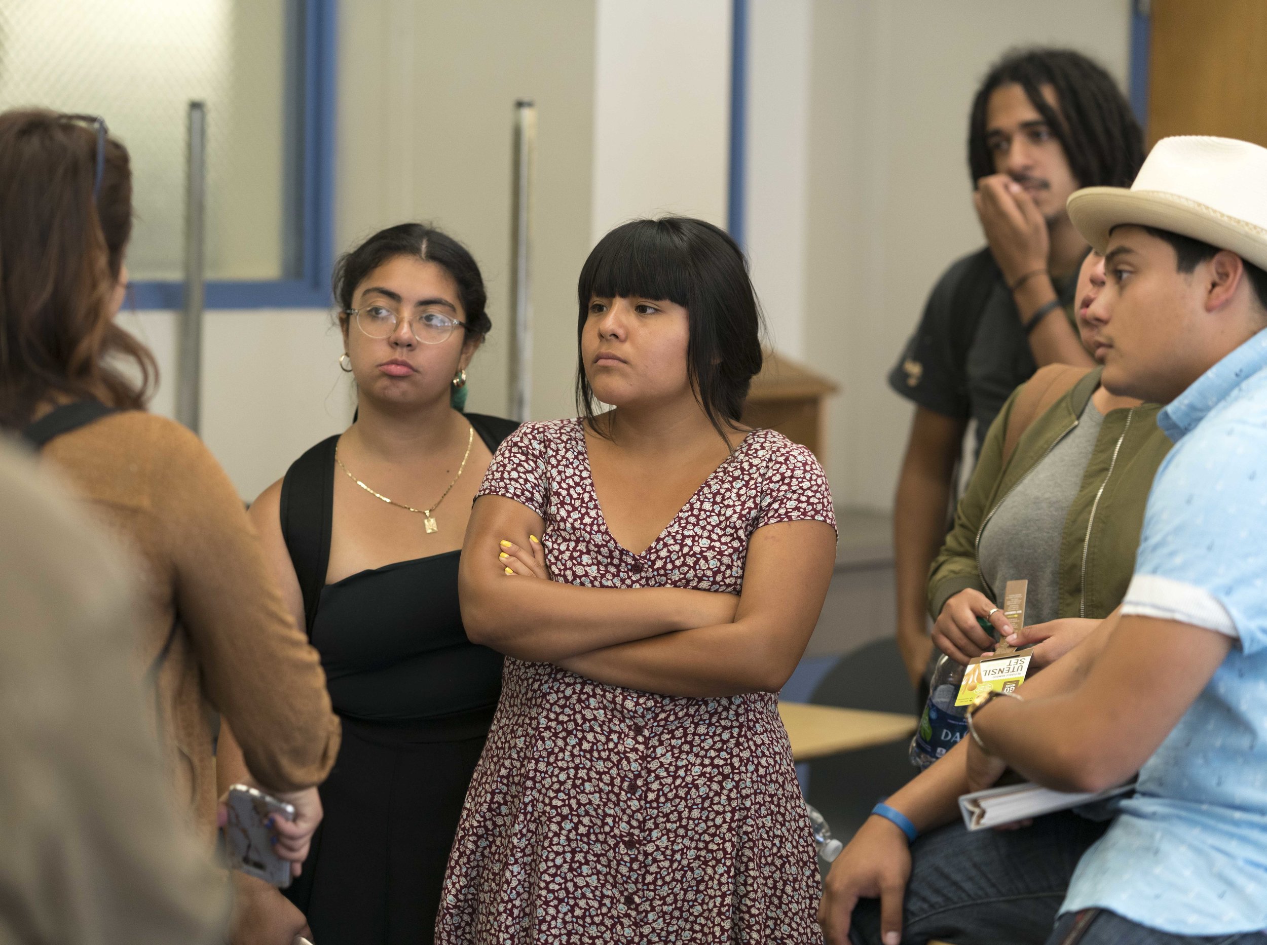  Santa Monica College student, Salma Aguilar Morales (center), stands in a classroom at Santa Monica College in Santa Monica, Calif. on Friday, September 8, 2017. Aguilar Morales and other Santa Monica College students were finishing a meeting to pla