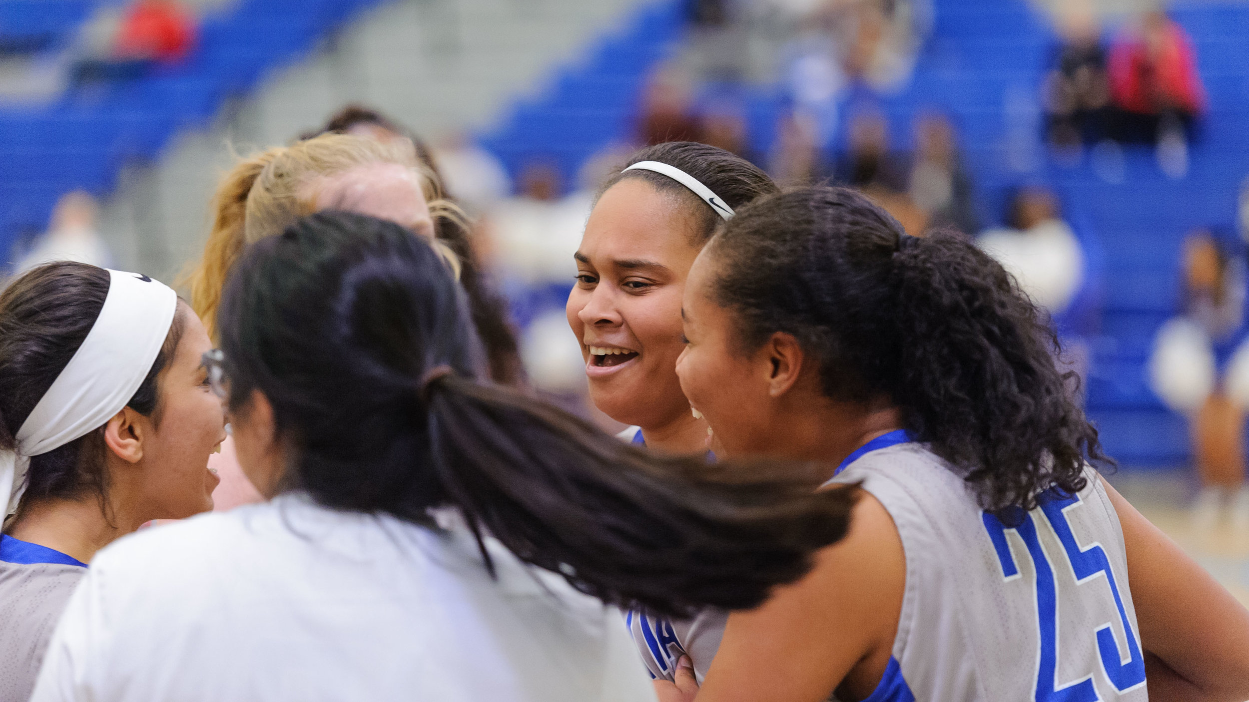  The Corsairs celebrate forward Rejinae Crandell's (0,Middle) three point make from half court at the end of the game. The Santa Monica College Corsairs win their final game of the season 76-53 against the Pierce College Brahmas. The game was held at