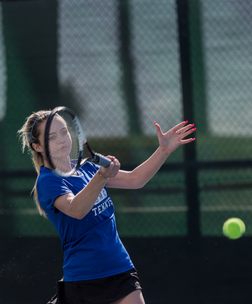  Santa Monica College Corsair sophomore Abby Mullins (#1, singles) approaches a short forehand on the way to her 2-0 (6-3, 6-2) set victory, which was part the Corsairs 3 – 6 loss against the Ventura College Pirates at the Ocean View Park Tennis Cour