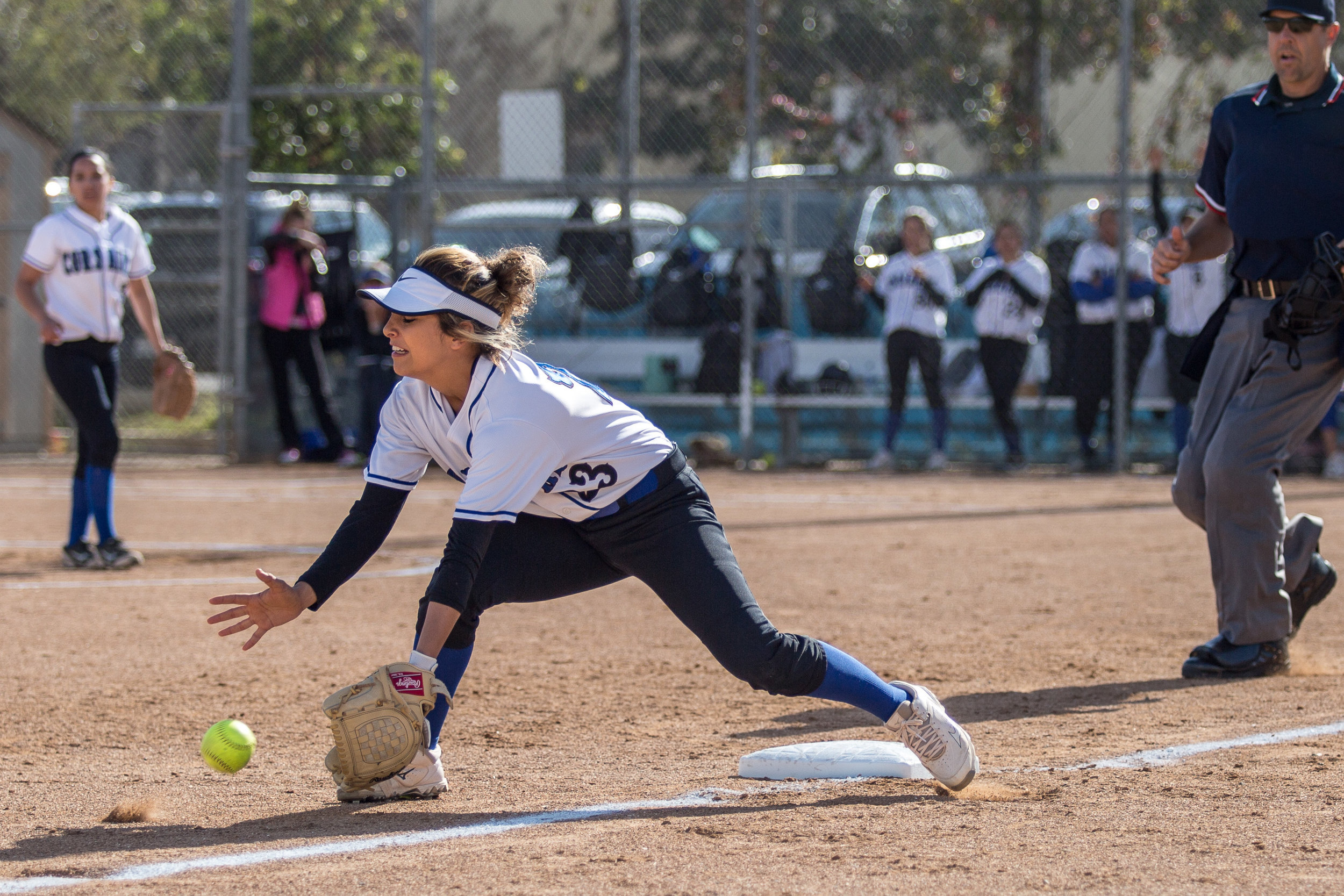  Santa Monica College Corsair freshman infielder Taylor Liebesman #23 (white) attempts to catch the throw from a Corsair outfielder during the top of the 3rd at the Corsair Field in Santa Monica California, on Tuesday, February 27 2018. The Corsairs 