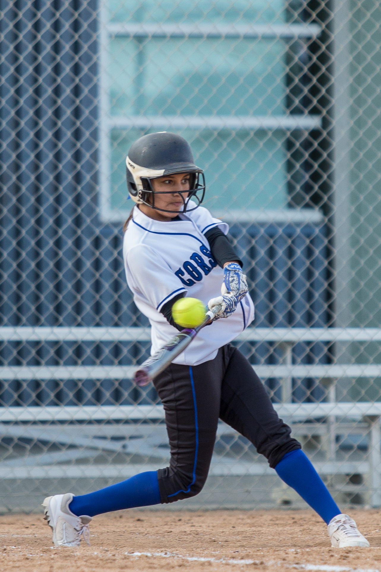  Santa Monica College freshman in-fielder Emma Soto (#80, white) hits a double at the bottom of the 4th at the Corsair Field in Santa Monica California, on Tuesday, February 27 2018. The Corsairs would go on to lose the game 0-14 against the Ventura 