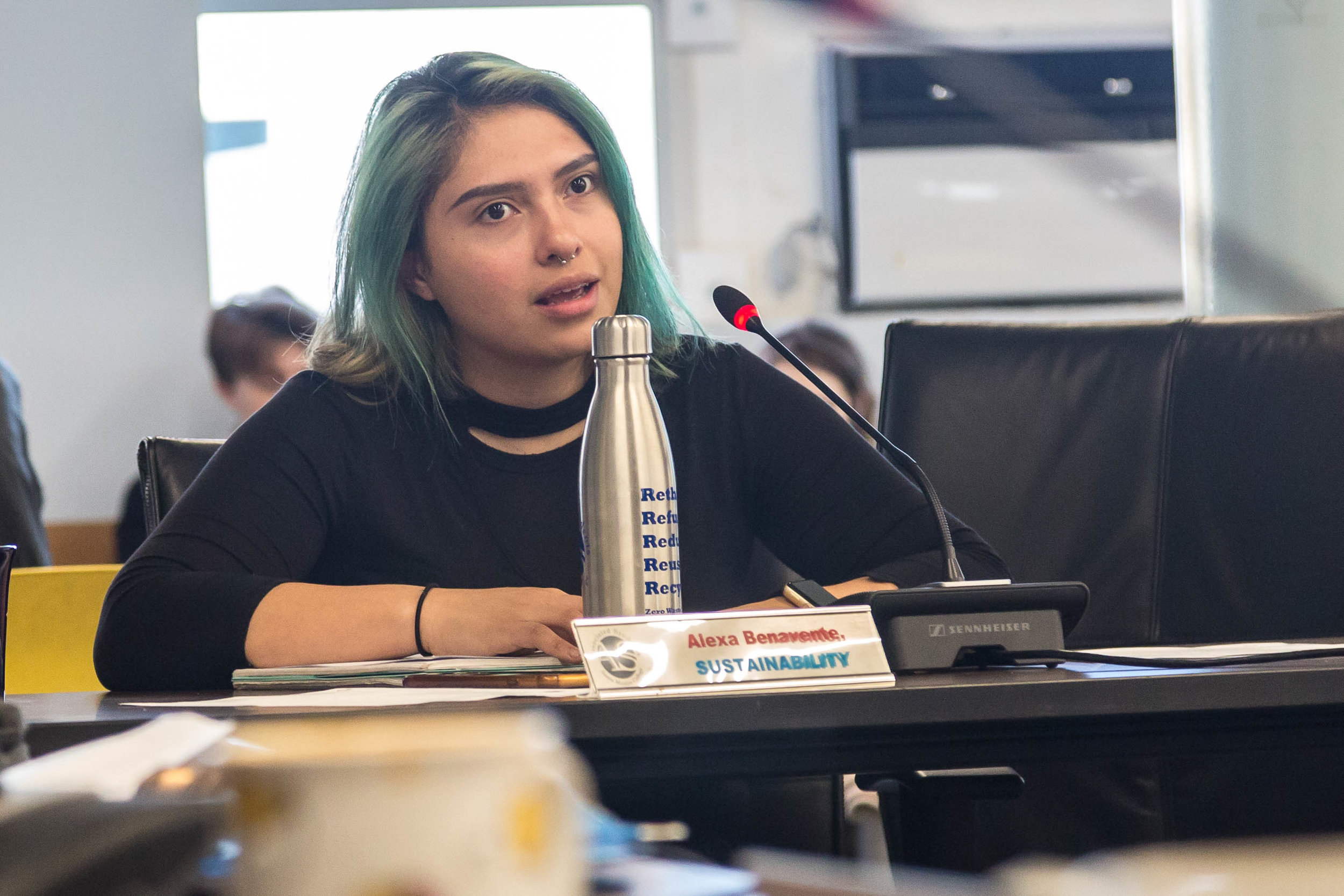  Associated Student Director of Sustainability Alexa Benavente argues whether major action item 7.3, a “Super Saturday,” would be worth the expense ($4,761.18) during the Associated Students Board of Directors meeting in the Cayton Center Lounge on t