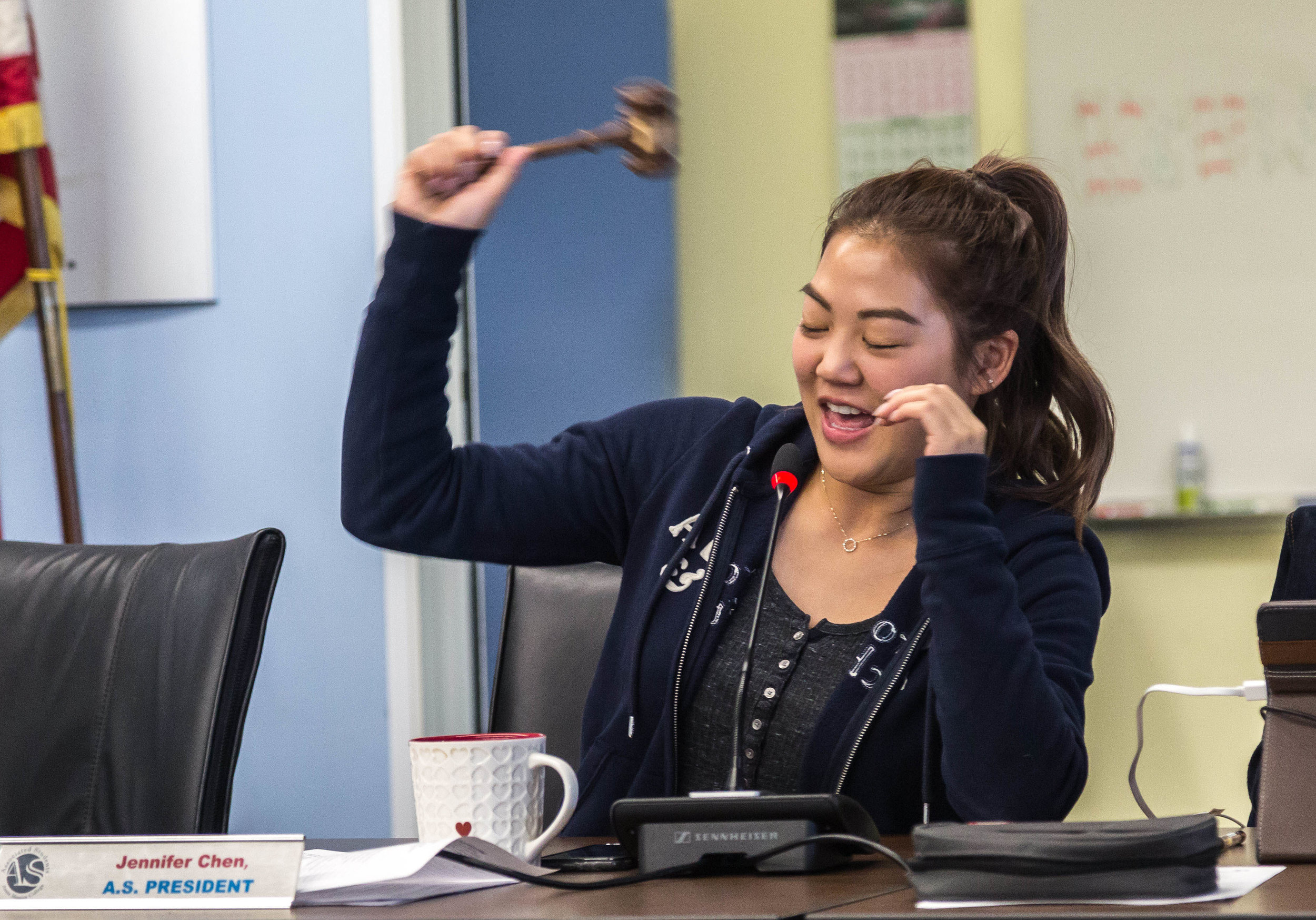  Associated Student Body President Jennifer Chen bangs the gavel to adjourn the A.S Board of Directors meeting at precisely 4:22pm during the Associated Students Board of Directors meeting in the Cayton Center Lounge on the Santa Monica College main 