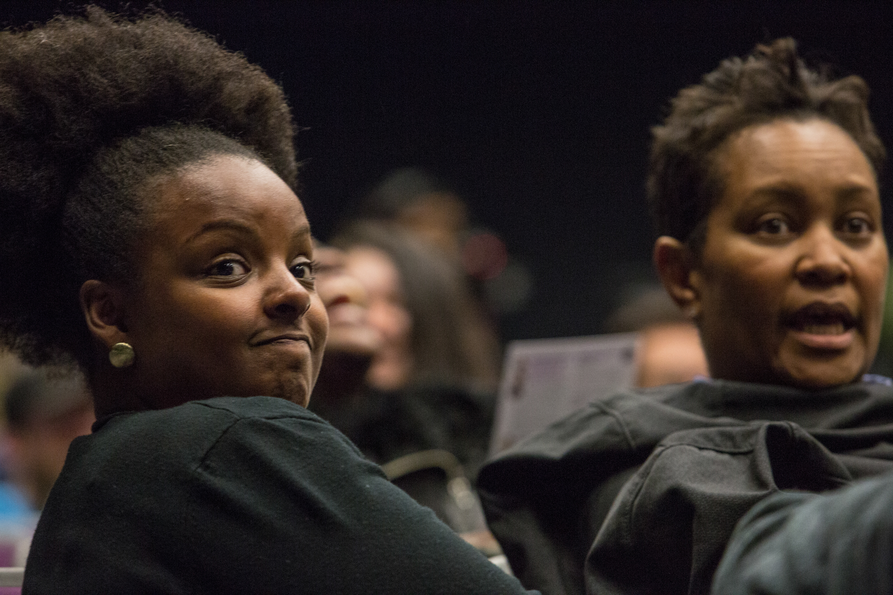 Sherri Bradford (left) and Deyadra Blye (right), both counselors at Santa Monica College, listen to the speakers at the 'Inclusion in TV: A Q&A with Marvel and DC TV writers' held at Santa Monica College, Santa Monica, CA on Wednesday February 28 2018. (Photo by Ruth Iorio)