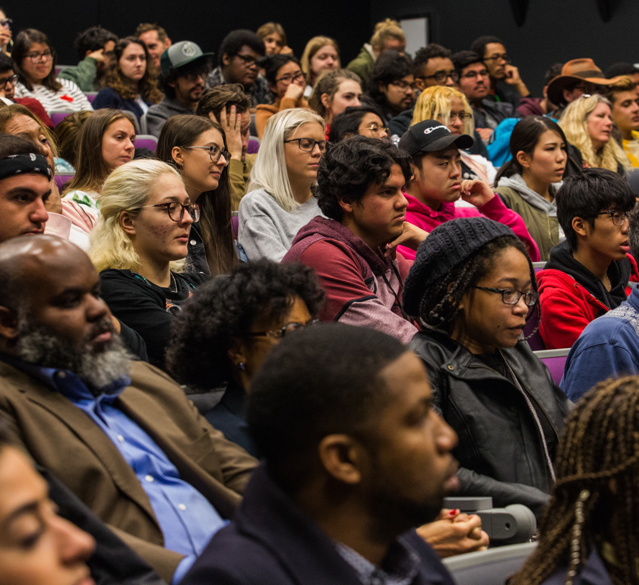 Students listen closely to the speakers at the 'Inclusion in TV: A Q&A with Marvel and DC Televsion Writers' event held at Santa Monica College, Santa Monica, CA on Wednesday Februaru 28 2018. (Photo by Ruth Iorio)