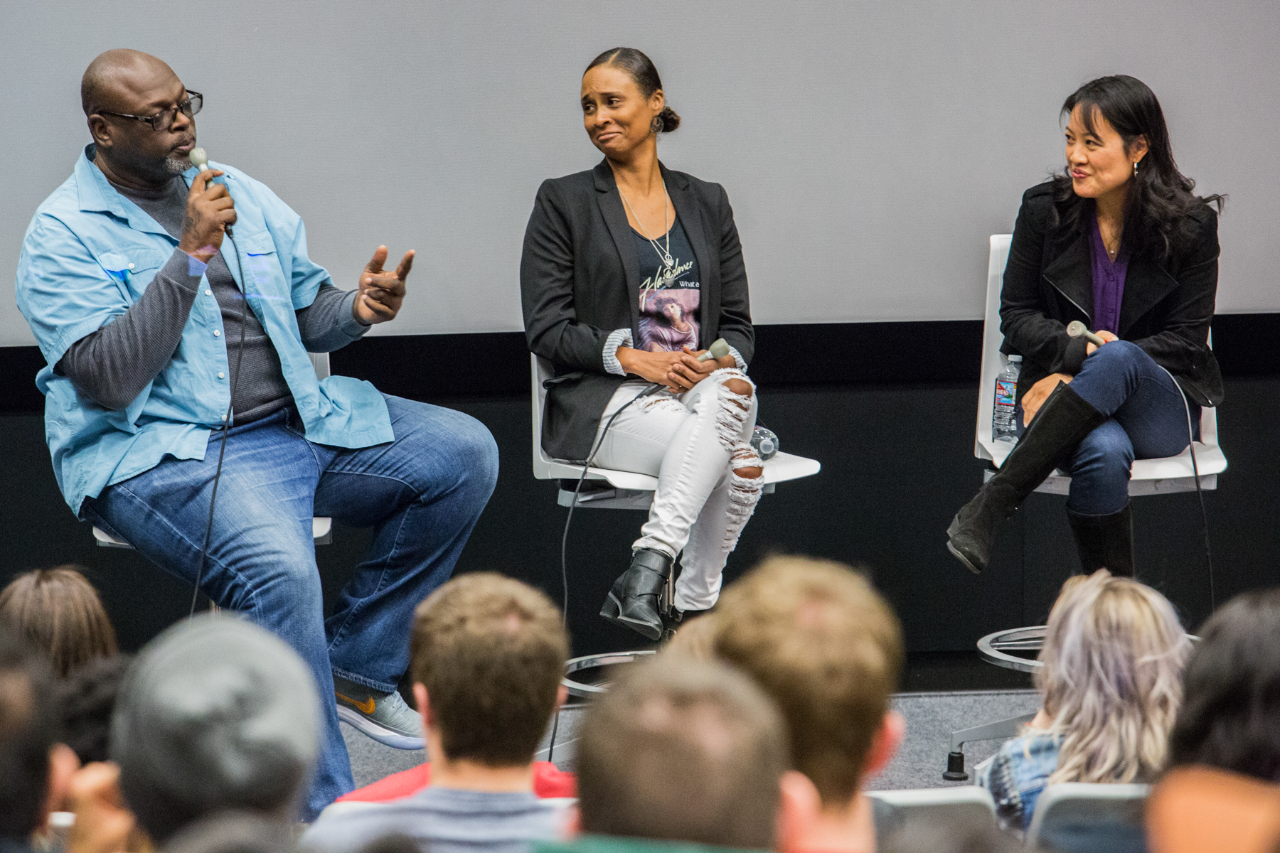  Charles Murray, one of the writers for 'Luke Cage' addresses the crowd and his fellow panelists Akela Cooper (middle) and Jenny Lynn (right) at the Writer Charles Murray, who has worked on shows such as Sons of Anarchy and Luke Cage, addresses the a