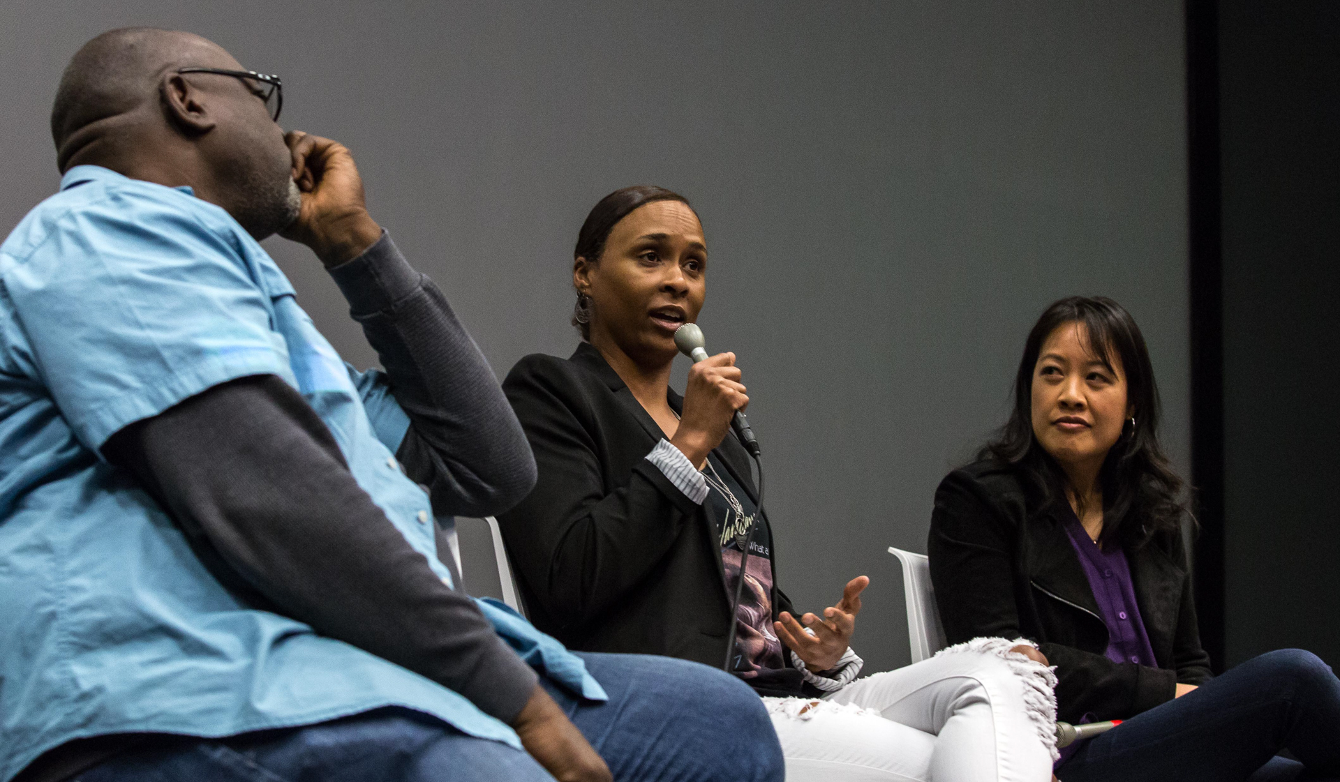  Santa Monica College Lecture series “Inclusion in TV: Q&A with Marvel and DC Comics Television Writers” guest speaker Akela Cooper (middle) gives advice for anyone who is wanting to write for television during the lecture Series “Inclusion in TV: Q&