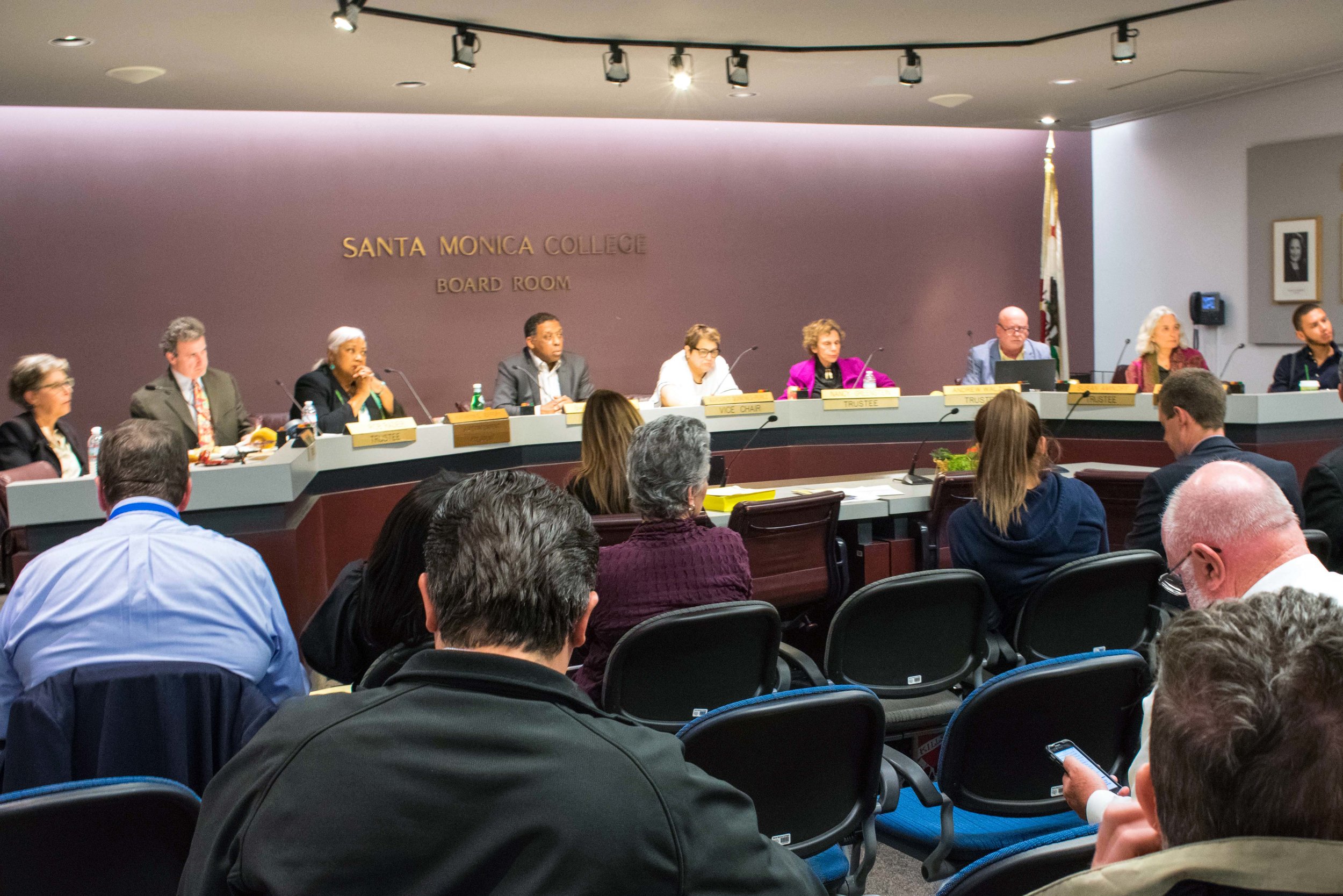  Located within the business building of Santa Monica College, the Board of Trustees meet once a month to go over items in a public meeting on Tuesday, March 6, 2018 in Santa Monica, California. The board, listed from left to right are Trustee Dr. Lo