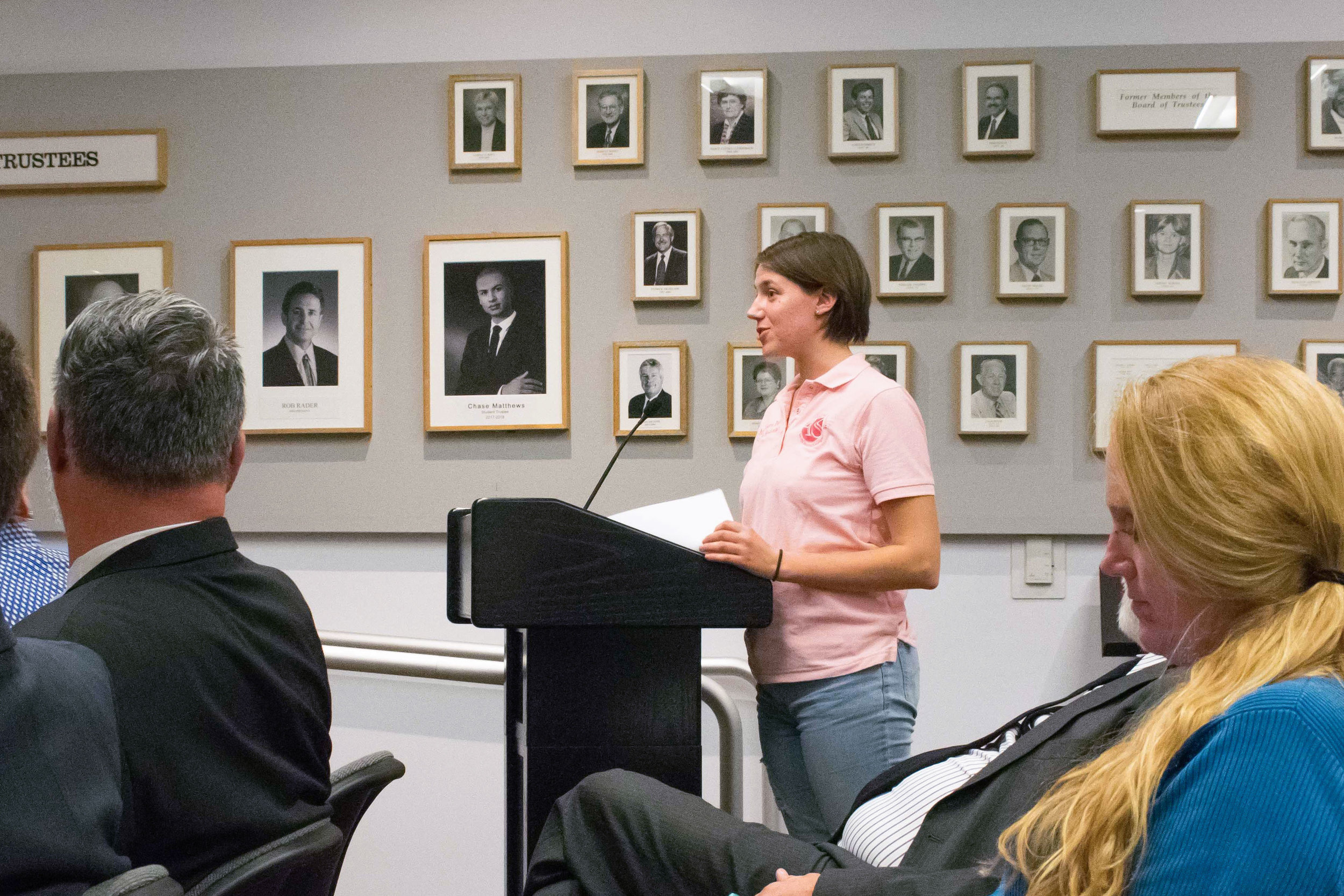  Ana Laura Paiva, Associated Students Director of Student Assistance tells the Board of Trustees during their monthly board meeting about an event involving International Women’s Day on campus that is being planned at Santa Monica College in Santa Mo