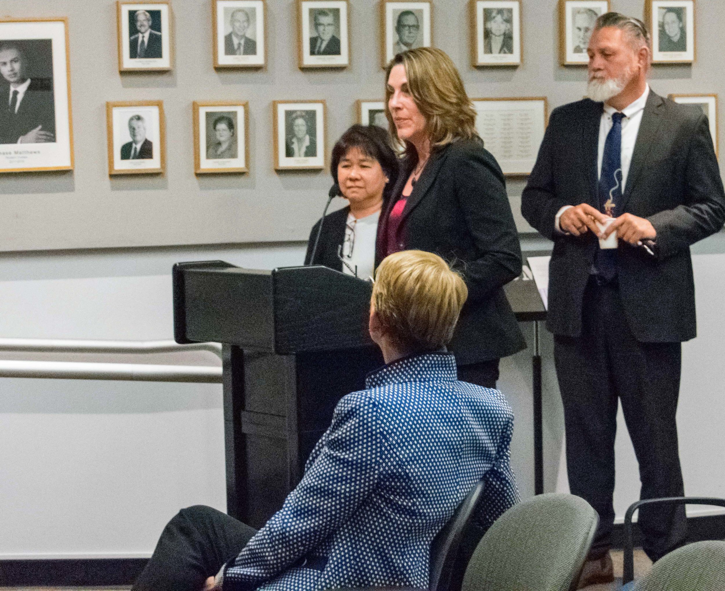  During the monthly Board of Trustees meeting, representatives of the Disabled Students Program and Services, pictured left to right are Faculty Coordinator Nathalie Laille(cx), Director Stephanie Schlatter, and Mike Tuitasi, Vice President of Studen