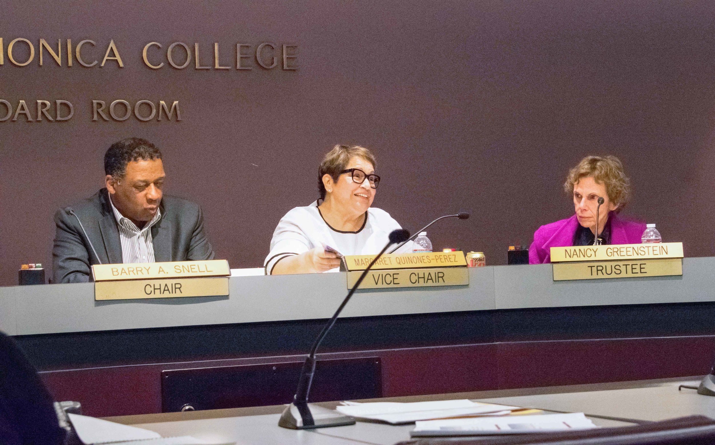 The Board of Trustees at Santa Monica College, partially pictured from left to right are Chair Barry Snell, Vice Chair Dr. Margaret Quinones-Perez, and Trustee Dr. Nancy Greenstein meet monthly to discuss items and other topics pertaining to the sch