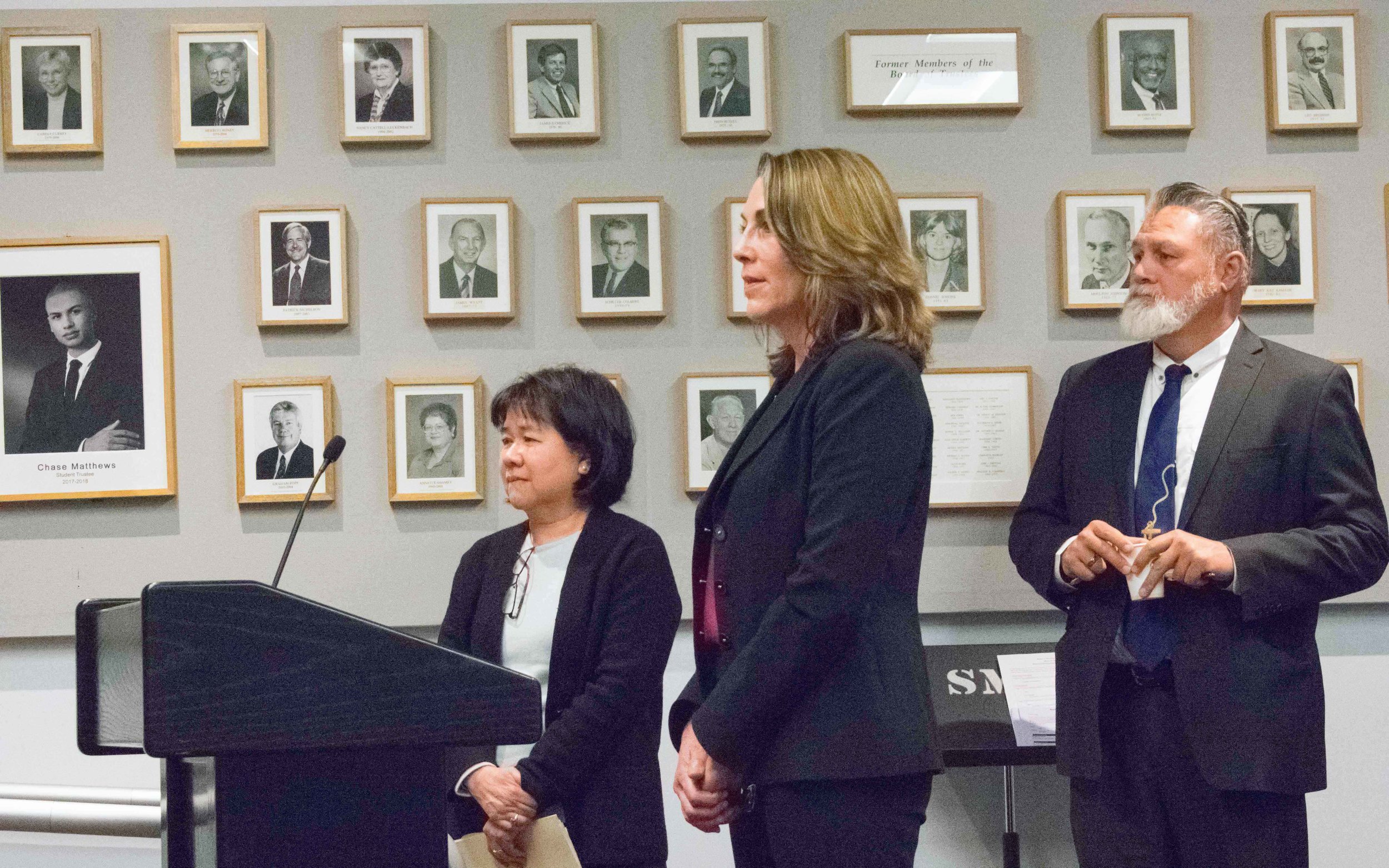  During the monthly Board of Trustees meeting, representatives of the Disabled Students Program and Services, pictured left to right are Faculty Coordinator Nathalie Laille(cx), Director Stephanie Schlatter, and Mike Tuitasi, Vice President of Studen