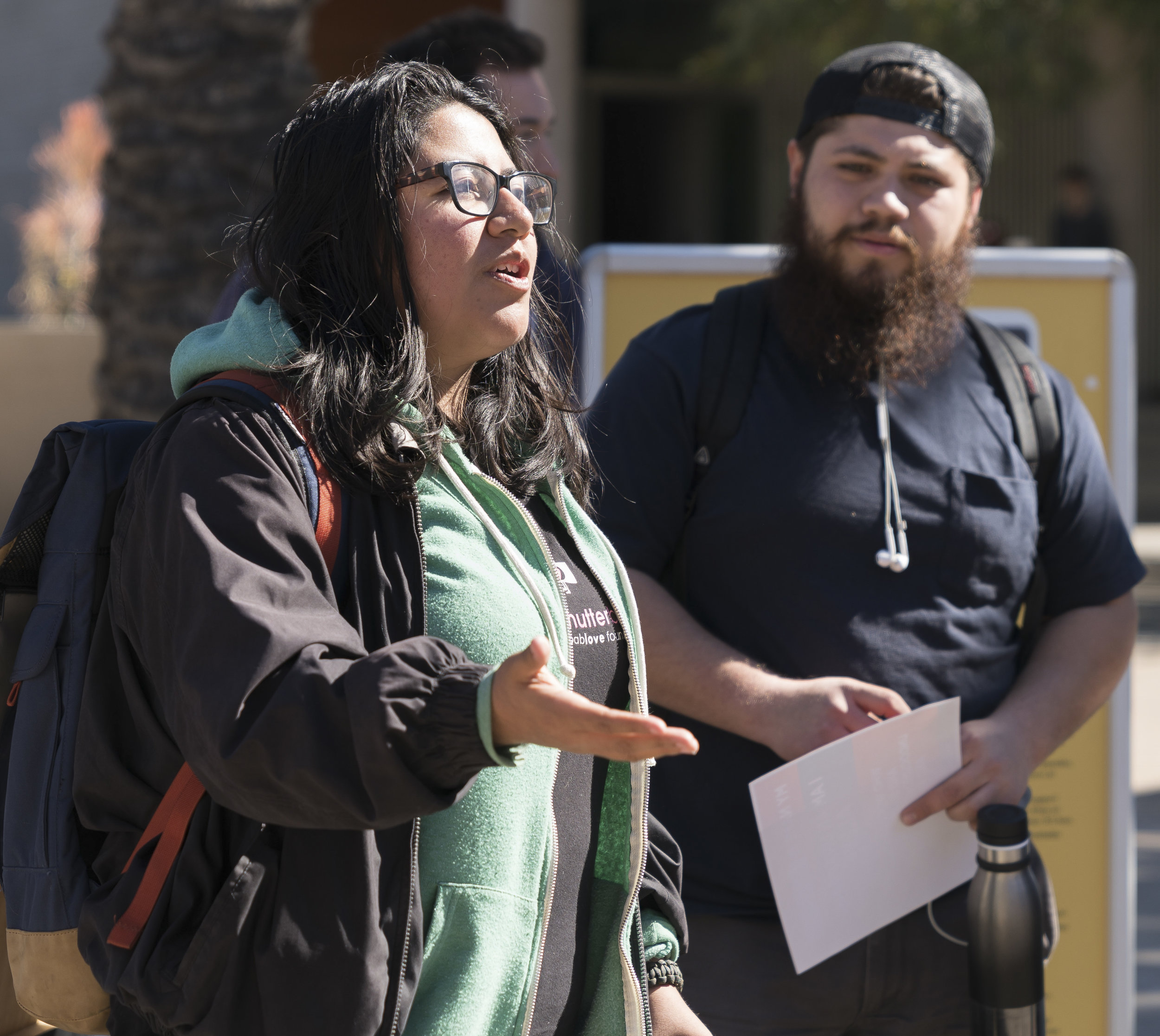  Santa Monica College student Andrea Ramos (left) speaks at a DACA Day of Action gathering on Monday, March 5, 2018 at SMC's main campus in Santa Monica, Calif. as fellow student Delfino Martinez (right) listens. Ramos, 25, an undocumented student wh