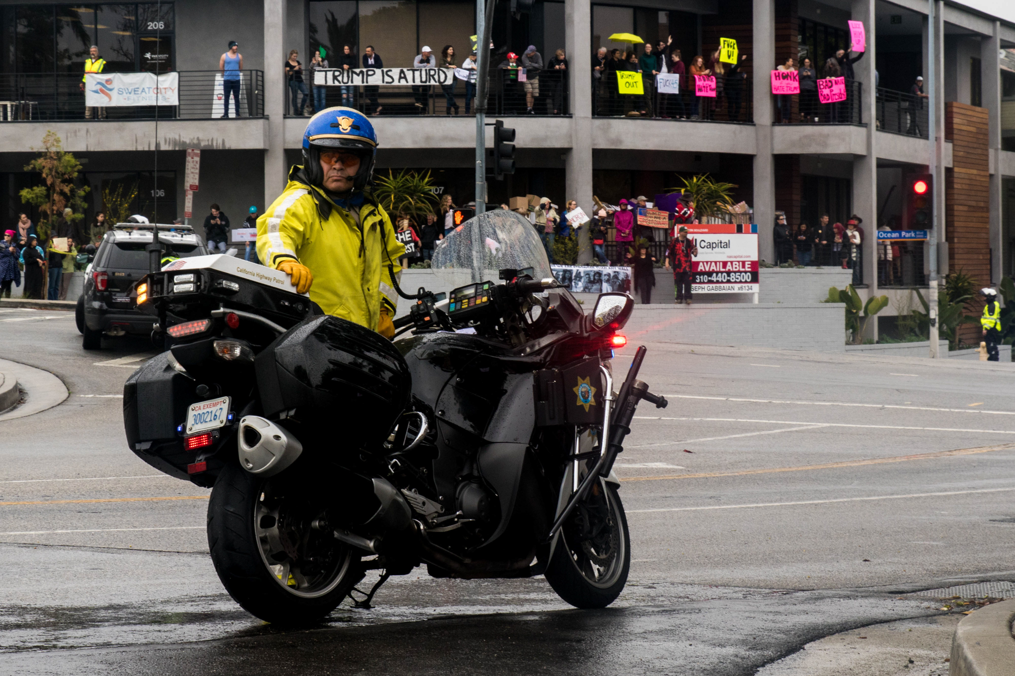 A California Highway Patrol Officer waits for his signal to lead the way for President Donald Trump and the rest of his party on Tuesday, March 13, 2018 in Santa Monica, California. (Photo By: Zane Meyer-Thornton)