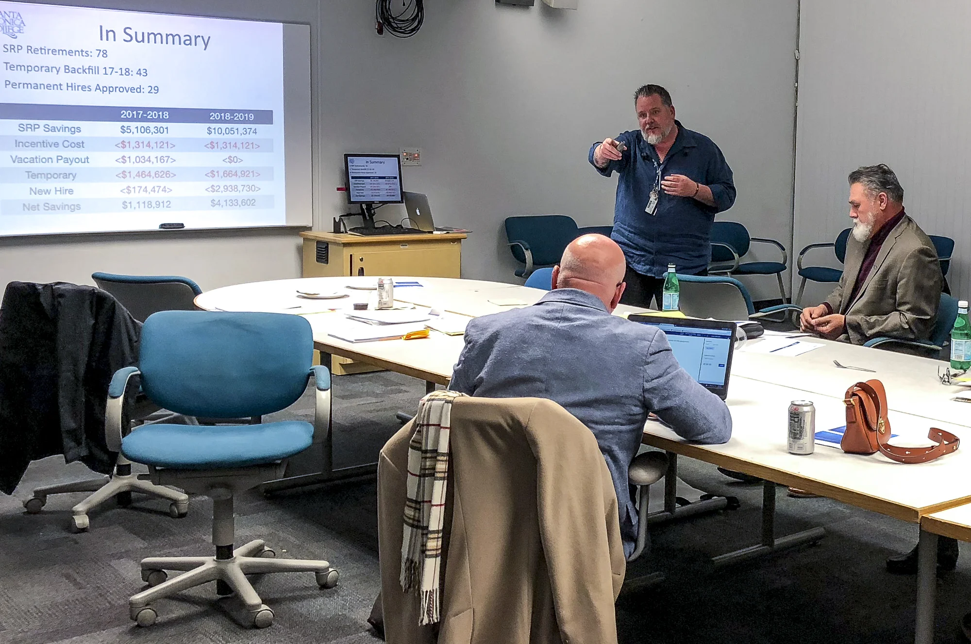 Chris Bonvenuto, director of fiscal services at Santa Monica College, presents a slide show to the Board of Trustees with an update on the Supplemental Retirement Plan on March 20, 2018 at SMC in Santa Monica, California during the Board of Trustees meeting. (Ryanne Menna/Corsair Photo)
