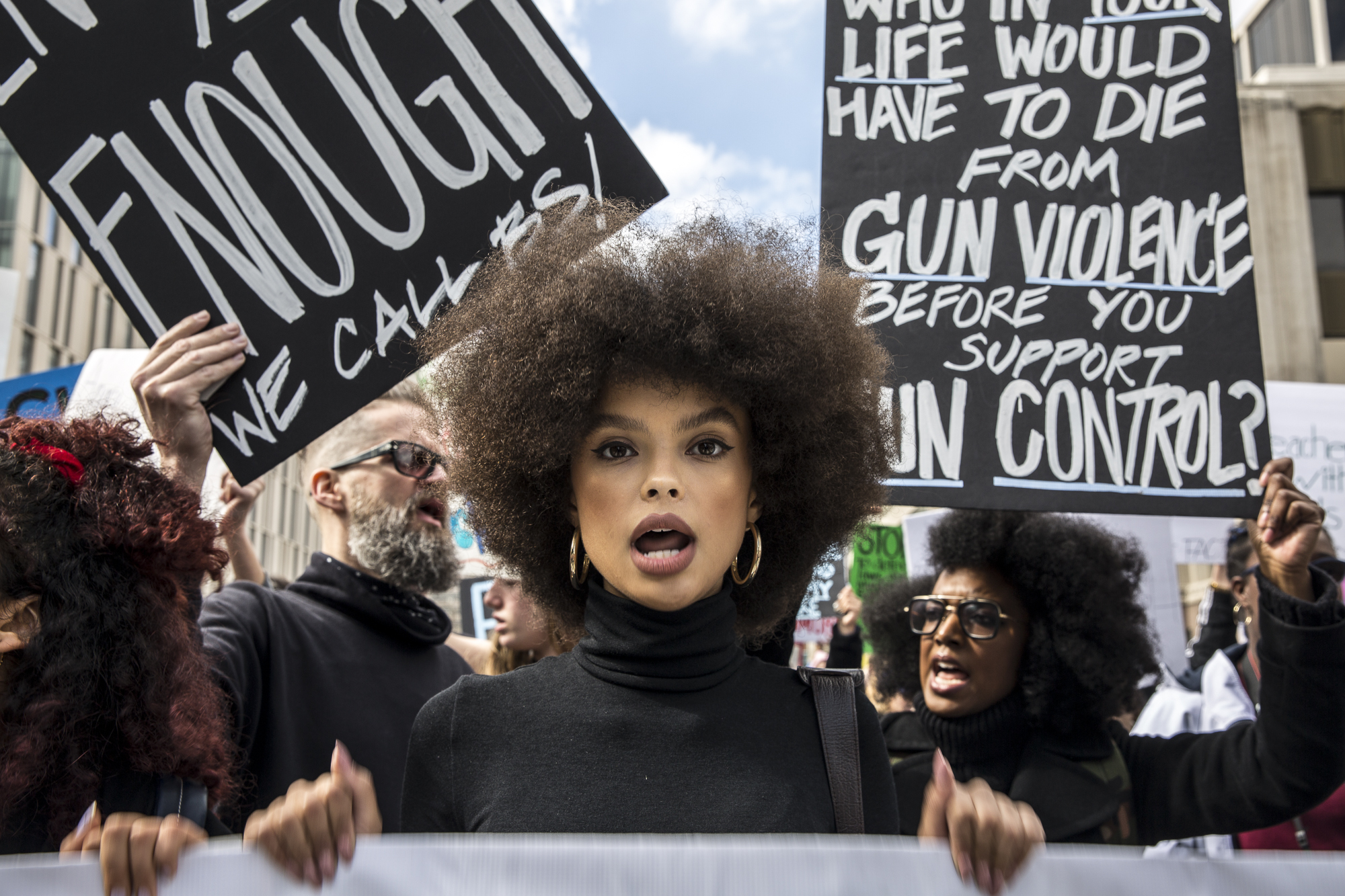 A March for Our Lives demonstrator, who wished to rename anonymous, leads the march that took place in front of Los Angeles City Hall, in Downtown Los Angeles, California on Saturday, March 24 2018. (Matthew Martin/Corsair Photo)