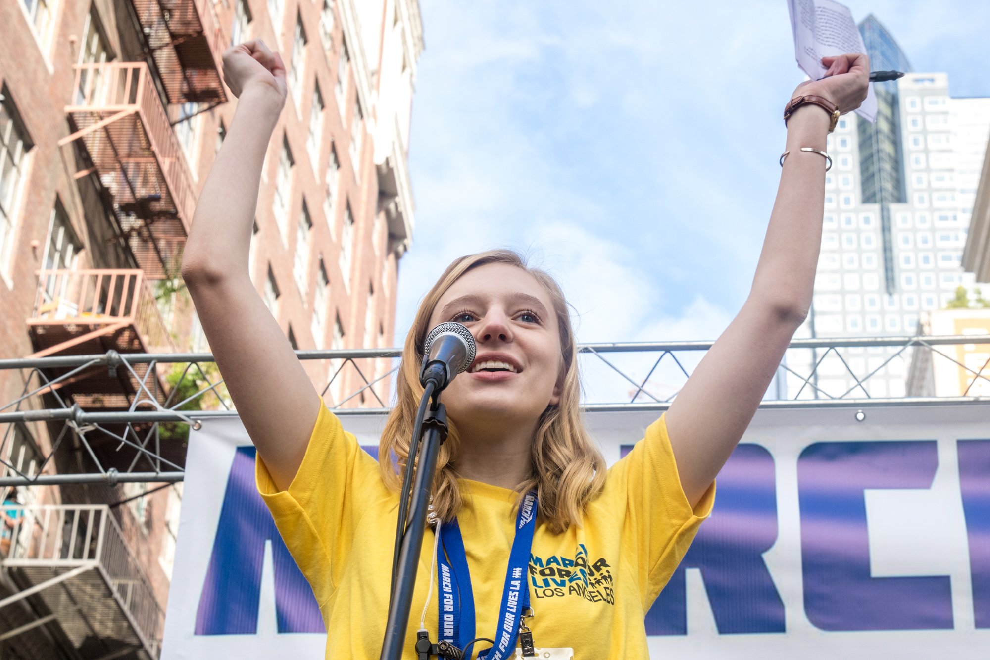 Santa Monica College student Jessica Flaum spoke in front of thousands of people at the March For Our Lives protest on March 24, 2018 in Los Angeles, California. Flaum was one of the many student activists speaking on gun control. (Zane Meyer-Thornton/Corsair Photo)