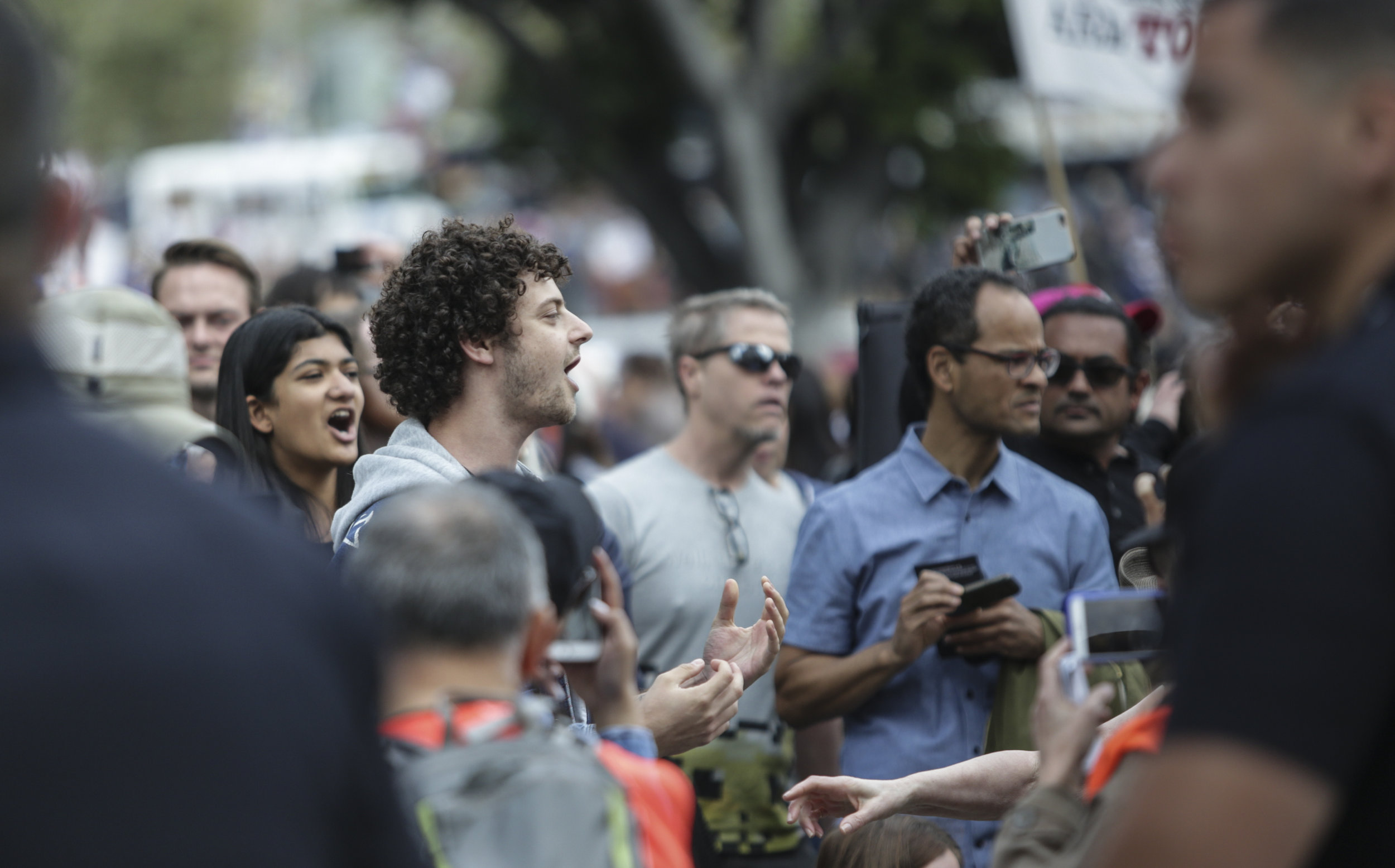 Protesters and counter-protesters clash across police lines at the March for Life. The march took place between Pershing Square and City Hall in Downtown Los Angeles, California. Tensions were high while debating gun control and solutions to gun violence. The march took place Saturday, March 24, 2018. (William Wendelman/Corsair Photo)