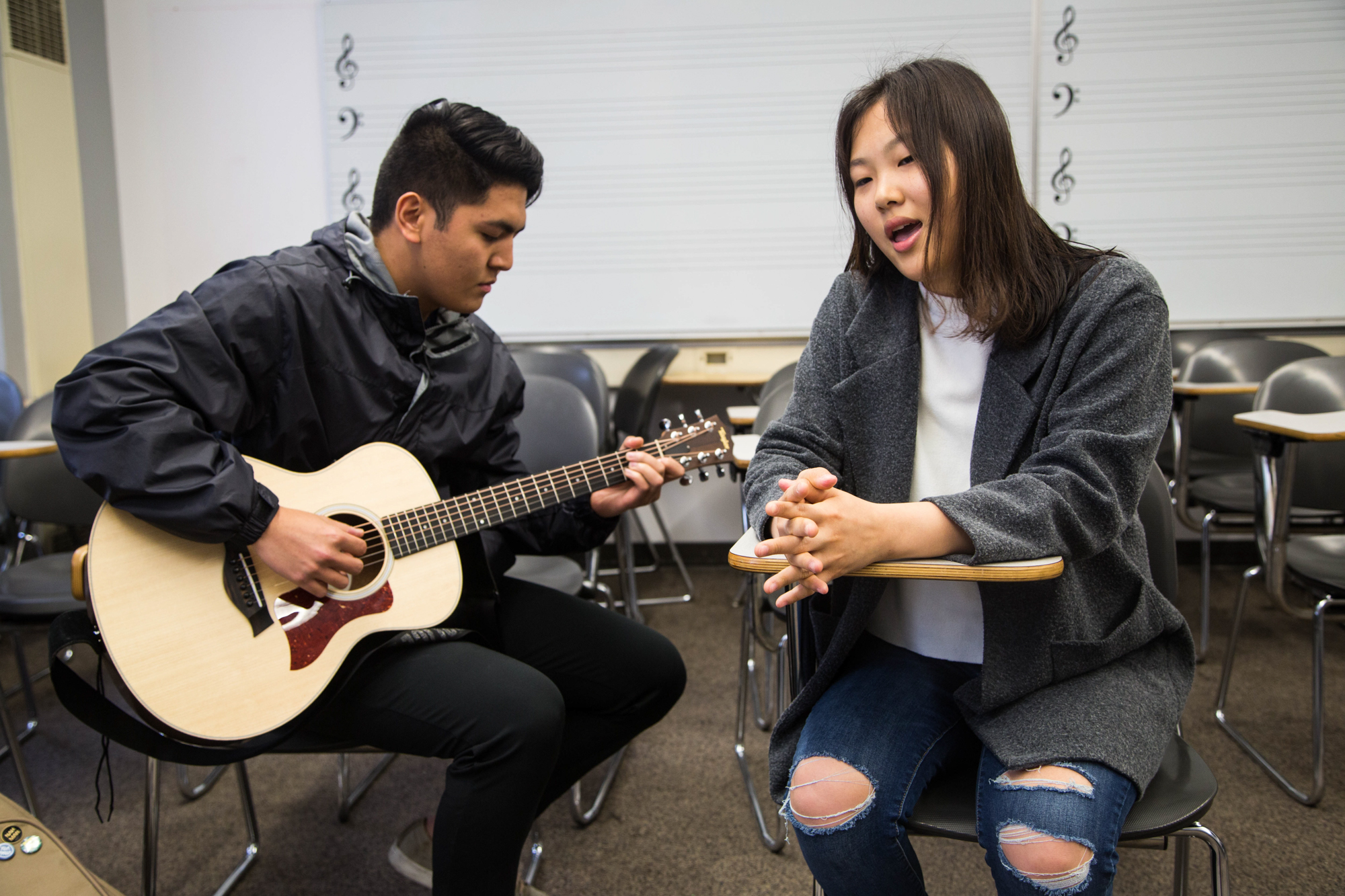 Club members Jai won Chio and Luis Emmanuel Panotes performing during club meeting, Thursday, March 22, 2018, at Santa Monica College's Performance Arts Center in Santa Monica, California (Zeynep Abes/ Corsair Photo)