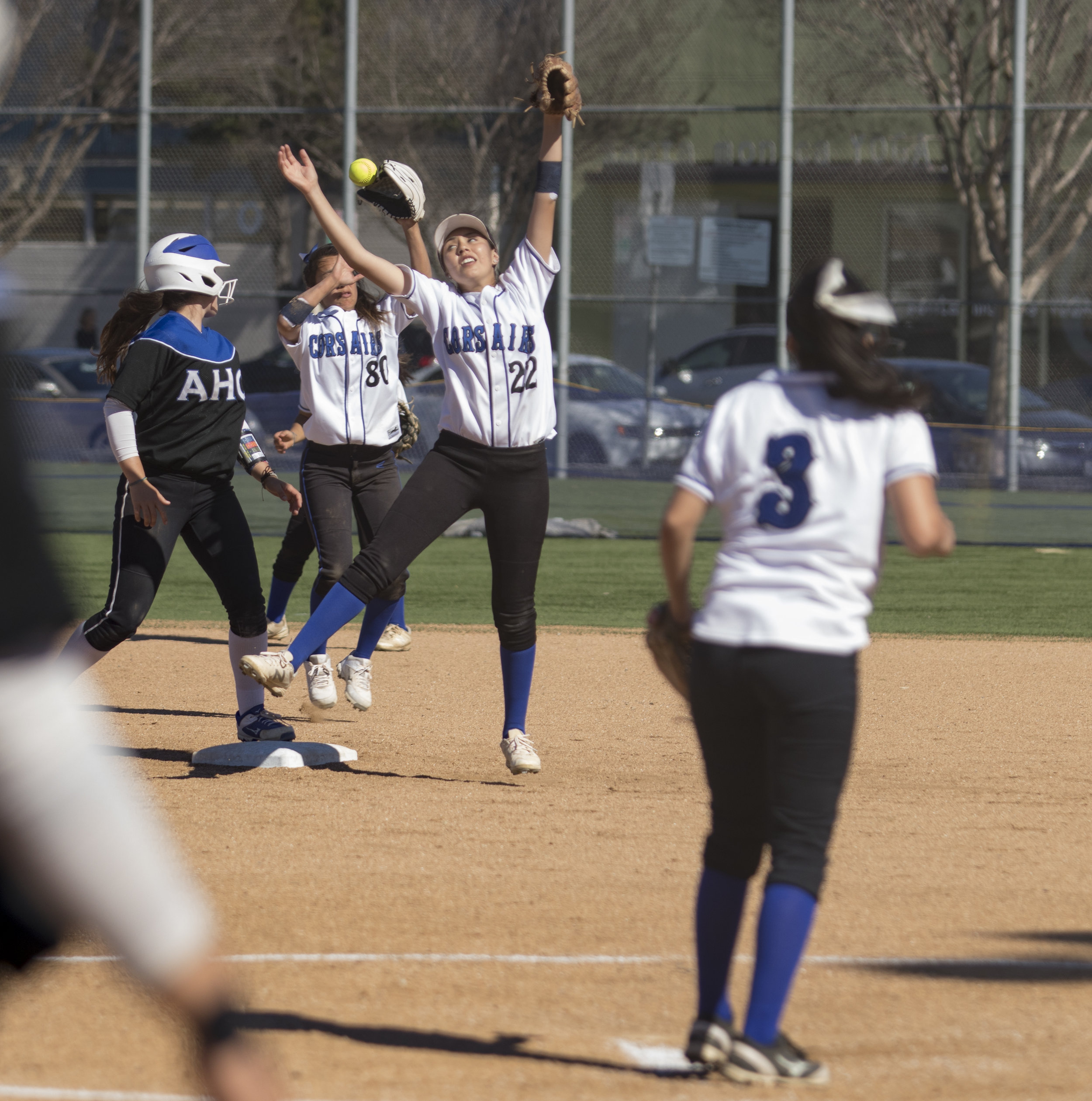  Santa Monica Corsair players jumping for the ball during Tuesday, March 27, 2018, game against the Allan Hancock Bulldogs at John Adams Middle School in Santa Monica, California. The Corsair fell 8-1 to the Bulldogs and are now 1-4 in their conferen