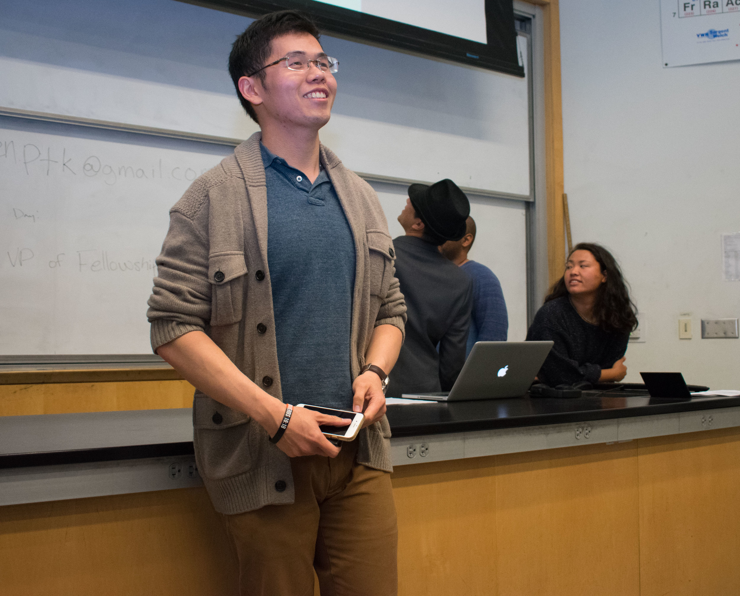 Ryan Ang, the Executive Vice President for Phi Theta Kappa, an honor society at Santa Monica College leads the weekly meeting in the Science building, room 140 at 11:15 a.m. on Tuesday, March 20 in Santa Monica, California. Students wishing to join must pay an $80 membership fee, which is a one-time fee during their time at the college, but students have to maintain a 3.0 GPA. Benefits that PTK advertise are scholarships, volunteer opportunities, and a transcript notation. (Ethan Lauren/Corsair Photo)