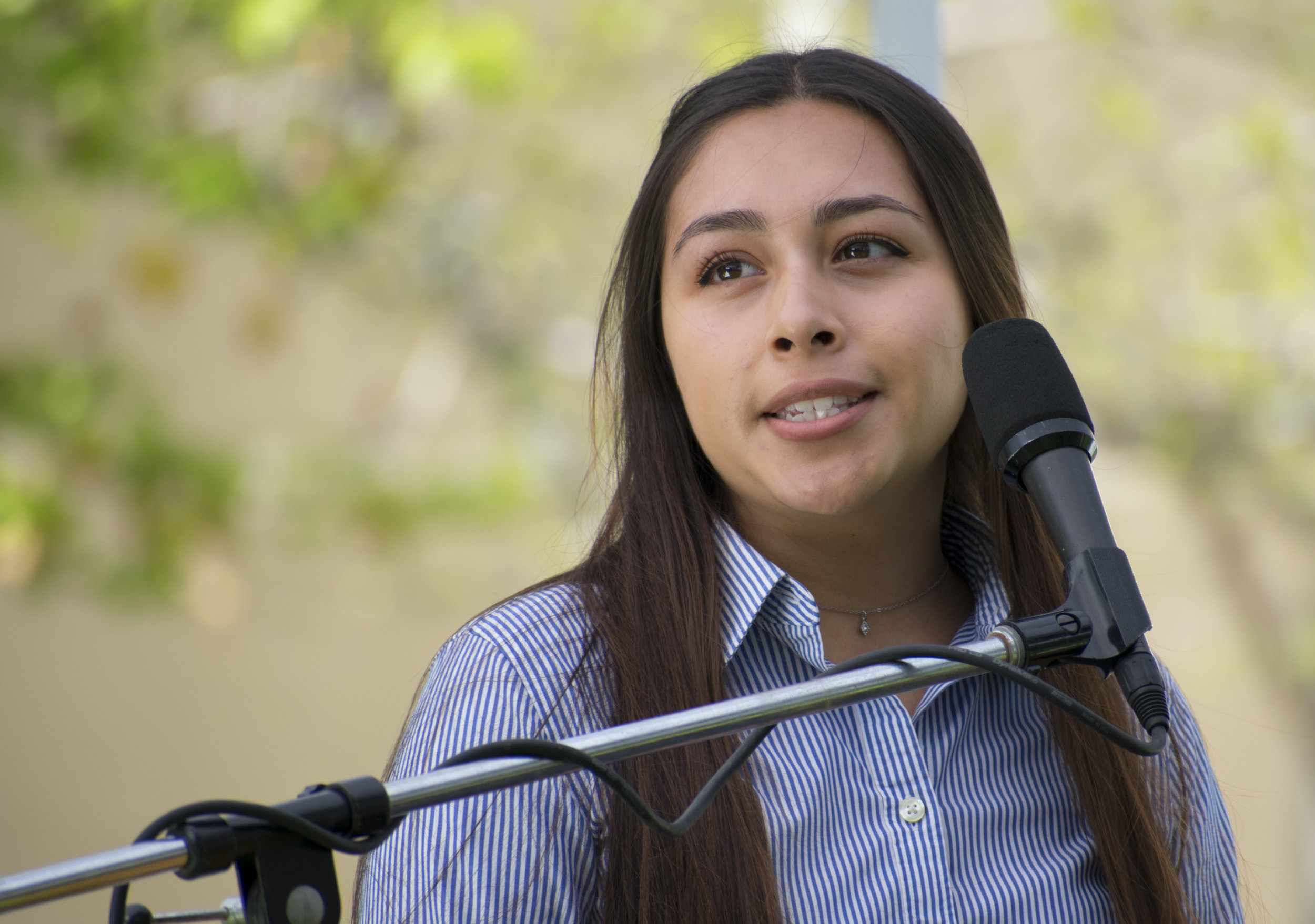  Suhey Avila, a candidate for Director of Activities Associated Students of Santa Monica College introduces herself during a forum to give candidates running for the election a platform on April 3 in Santa Monica, California. Hernandez is running wit