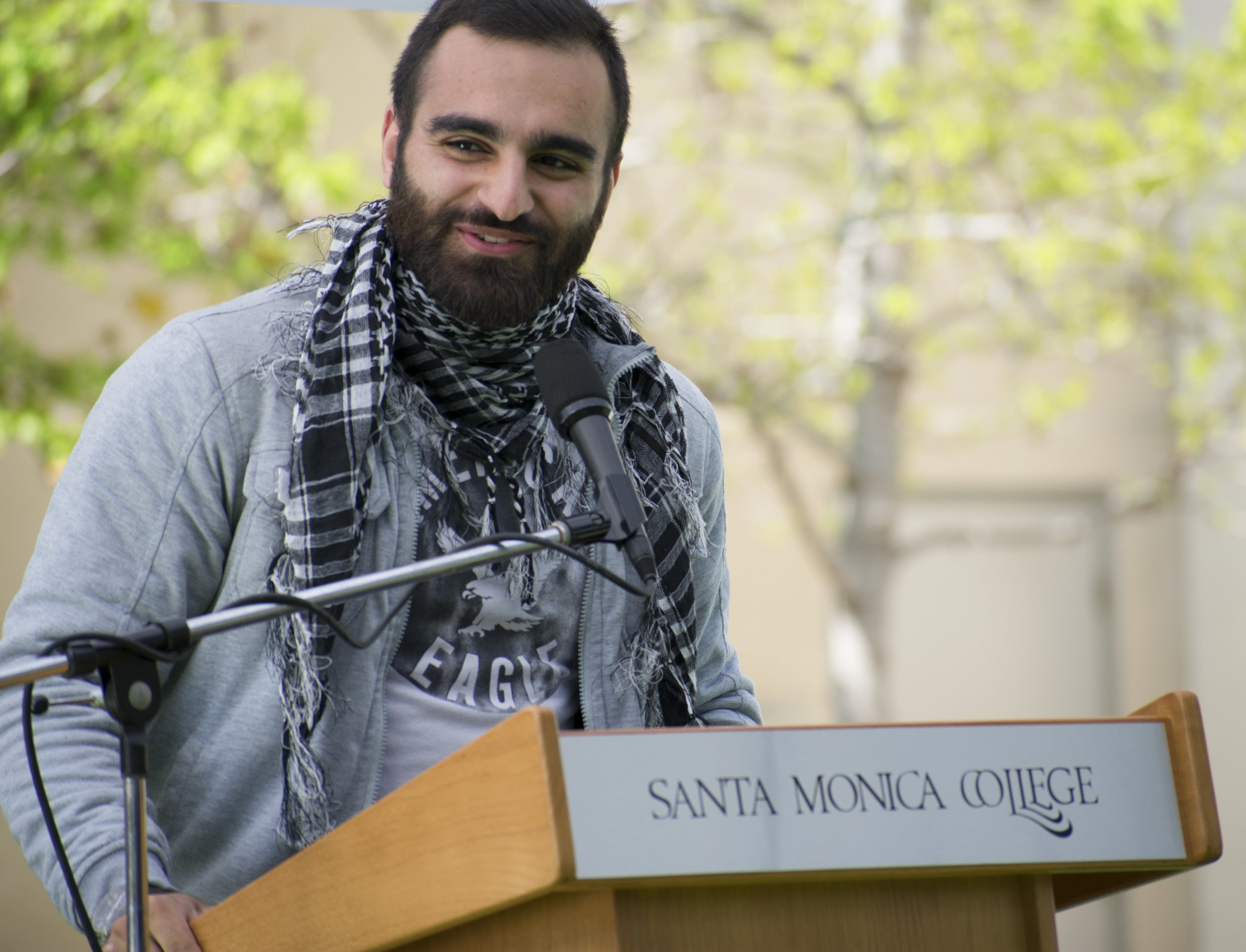  Hesham Jarmakani, a candidate for the position of vice president on the Associated Students of Santa Monica College board introduces himself during a forum to give candidates running for the election a platform on April 3 in Santa Monica, California