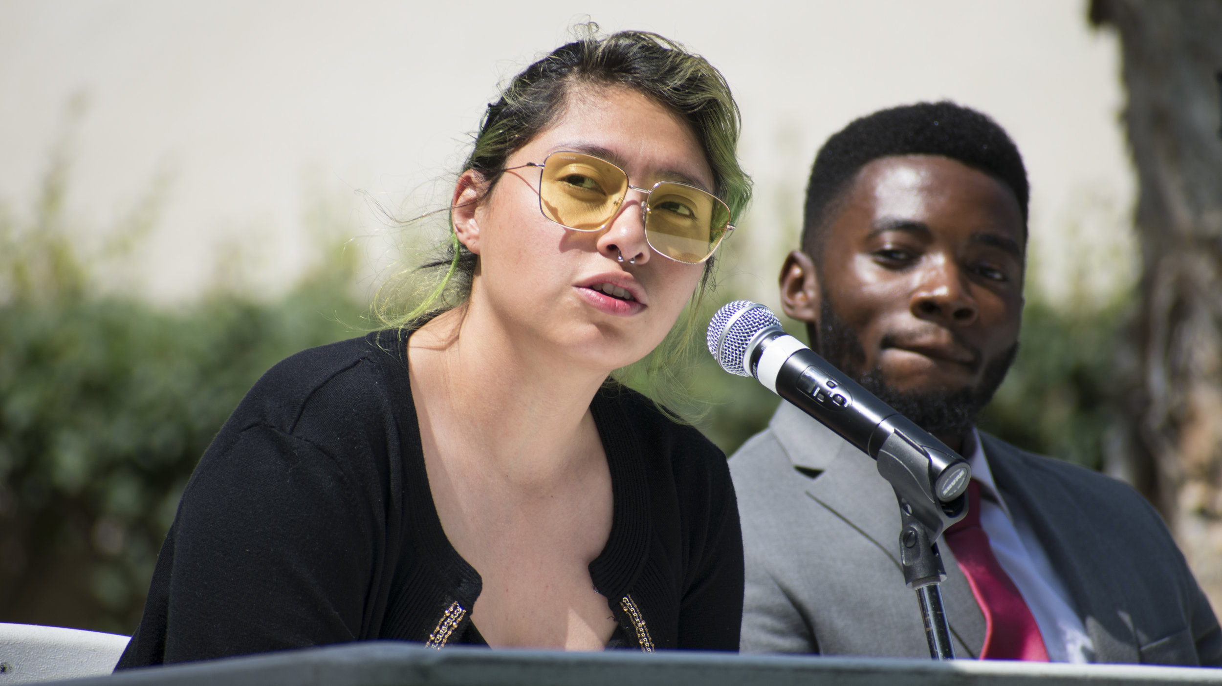 Alexa Benavente and Gosple Ofoegbu, both are running for the position of student advocacy on the Associated Students of Santa Monica College board and answer questions about their position during a forum to give candidates running for the election a platform on April 3 in Santa Monica, California. (Ethan Lauren/Corsair Photo)